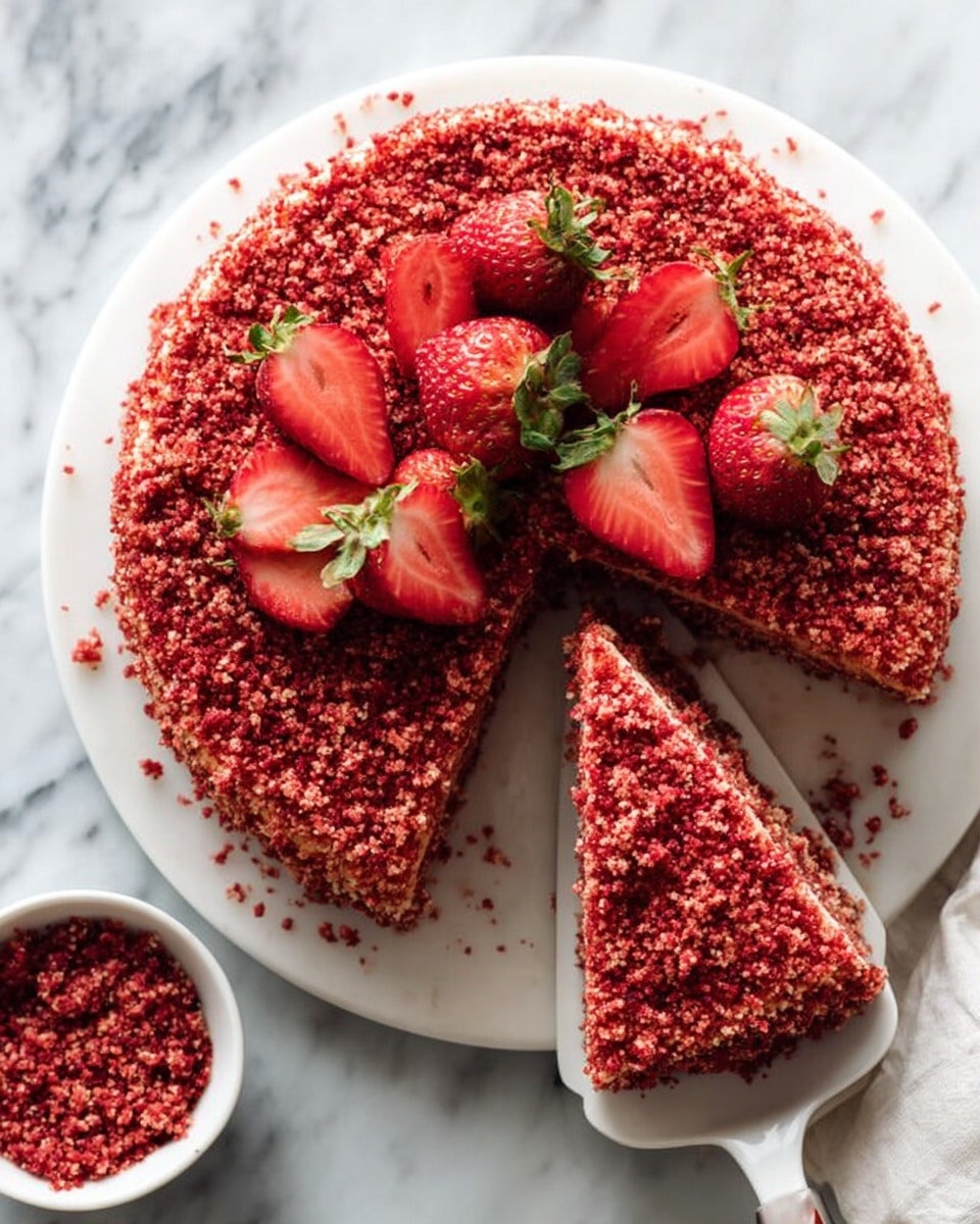 A round cake is covered with a crumbly red topping that looks like crushed berries or crumbs. The cake has one slice taken out and is partly lifted by a white spatula. On top of the cake, there are fresh whole and halved strawberries arranged in a circle. The cake sits on a white marble surface, and there is a small white bowl filled with more of the red crumbly topping nearby. The colors are bright red and soft pink with the white marble background. Photo taken with an iphone --ar 4:5 --v 7