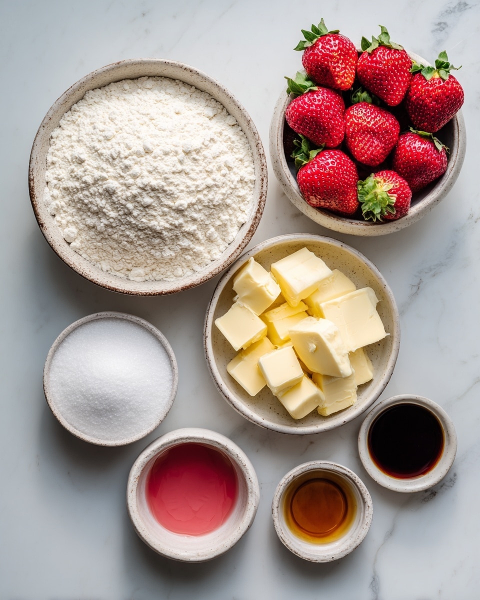 The image shows seven round white bowls arranged on a white marbled surface. The largest bowl, placed near the center left, is filled with fine white flour and has a slightly rough texture on the edges. To its top right is a bowl full of bright red strawberries with green leaves, with a rougher, brownish outer rim. Above the flour bowl is a smaller bowl with fine white sugar. To the right of the sugar bowl and below the strawberries is a white bowl containing yellow cubes of vegan butter. Below the vegan butter bowl is a tiny bowl with white baking soda powder. To the bottom left of the baking soda is another small bowl with dark pink liquid, labeled pink food coloring. Lastly, to the right of this small bowl is another tiny bowl with light brown vanilla extract. All bowls are set on a smooth white marbled background. photo taken with an iphone --ar 4:5 --v 7