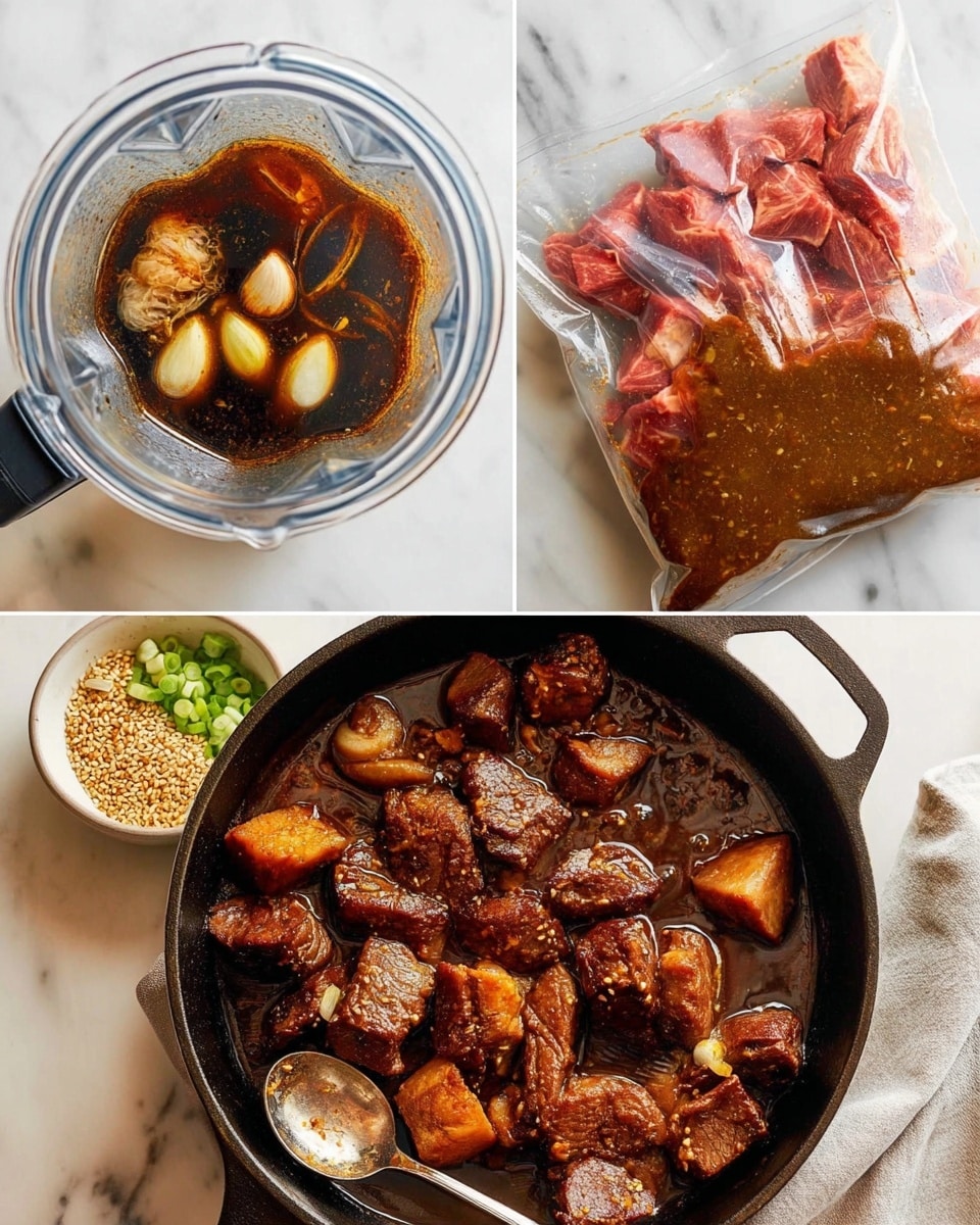A top-down view shows a blender container with dark liquid and several whole garlic cloves and a piece of ginger floating on top; next, chunks of raw red meat mixed with a thick brown sauce inside a clear plastic bag on a white marbled surface; then, the meat fully marinated in the bag, coated evenly with the brown sauce; finally, the cooked browned meat pieces in a black cast iron pan, with a metal spoon partially visible, sitting on a white marbled surface with a small bowl of chopped green onions and sesame seeds nearby, all appearing rich in texture and color contrast photo taken with an iphone --ar 4:5 --v 7
