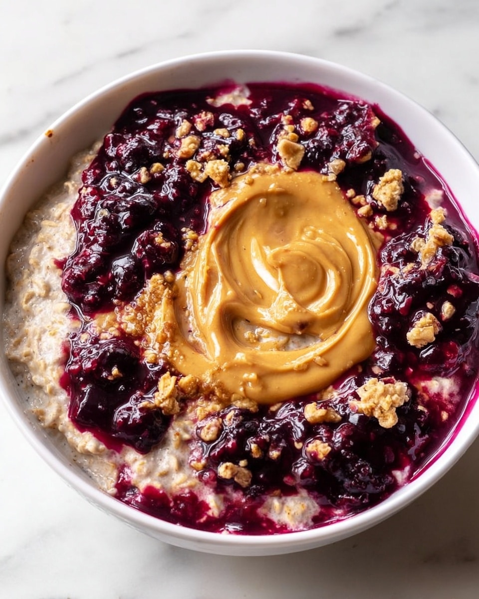 A white bowl filled with three main layers, placed on a white marbled surface. One layer is creamy oatmeal with a light beige color and soft texture, spread on one side of the bowl. Next to it is a thick dark purple berry sauce with visible whole berries and a glossy look, covering another part of the bowl. In the center, there is a swirl of smooth, light brown peanut butter. Small pieces of crunchy granola are sprinkled over the oatmeal and berry sauce parts for texture. photo taken with an iphone --ar 4:5 --v 7
