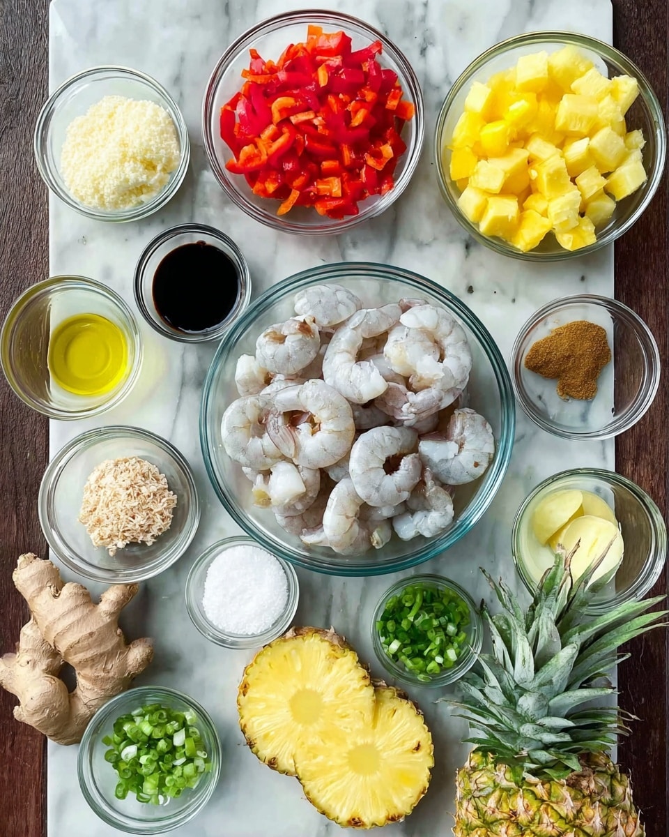 The image shows many clear glass bowls arranged on a white marbled surface, each holding different ingredients for cooking. In the center, there is a large bowl filled with raw, peeled shrimp with tails on, showing white and grey colors. Around it, smaller bowls contain red chopped bell peppers, bright yellow pineapple cubes, white minced garlic, pale grated ginger, light golden brown sugar, white salt, white sesame seeds, green chopped scallions, dark soy sauce, light yellow oil, and clear liquid. Fresh ginger root and pieces of pineapple with green spiky skin sit near the bowls, adding a natural touch. The whole setup is neat and colorful, with a focus on fresh ingredients ready for cooking. photo taken with an iphone --ar 4:5 --v 7