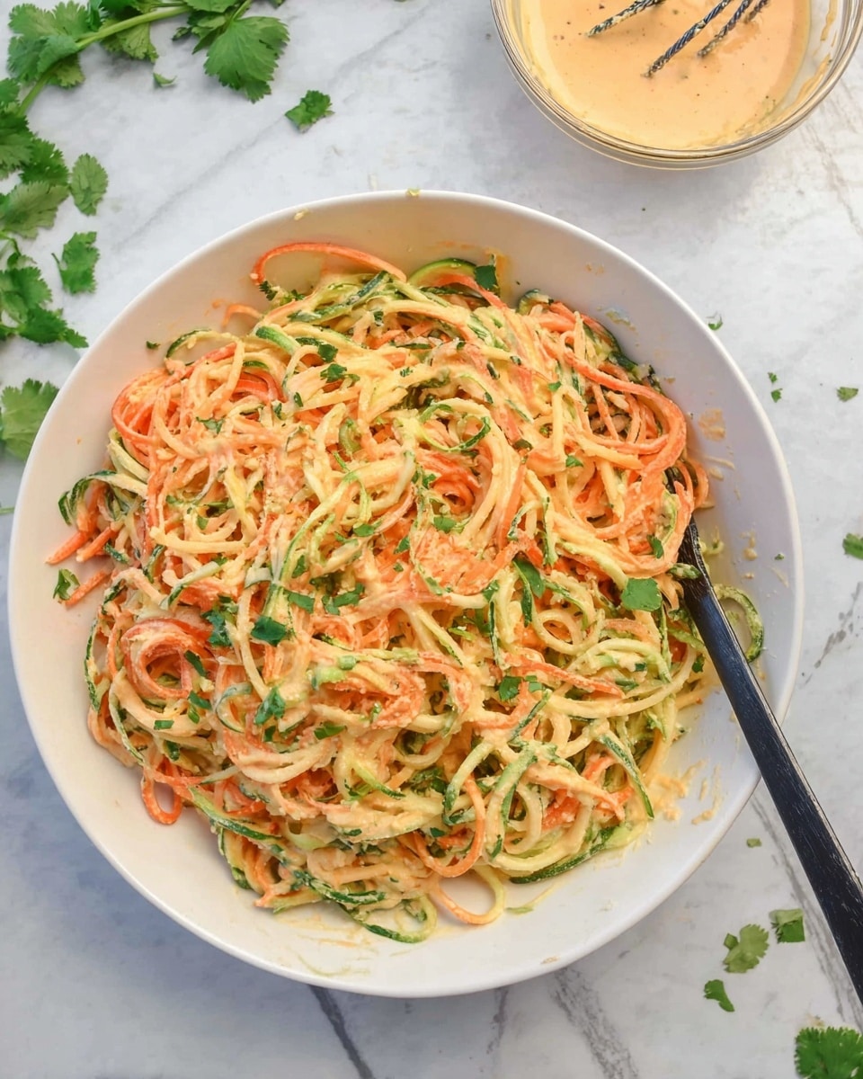 A white bowl filled with a colorful noodle salad that has thin spiralized layers of orange carrot, green zucchini, and pale yellow noodles mixed with a creamy light orange dressing. Small green leaves of cilantro are scattered throughout the salad, adding spots of fresh green color. The dish has a slightly chunky texture from small bits of a crumbly topping mixed in. A black spoon rests inside the bowl on the right side. The bowl sits on a white marbled surface with some cilantro leaves scattered around and a small glass bowl of light orange sauce with a whisk in the top right corner. Photo taken with an iphone --ar 4:5 --v 7