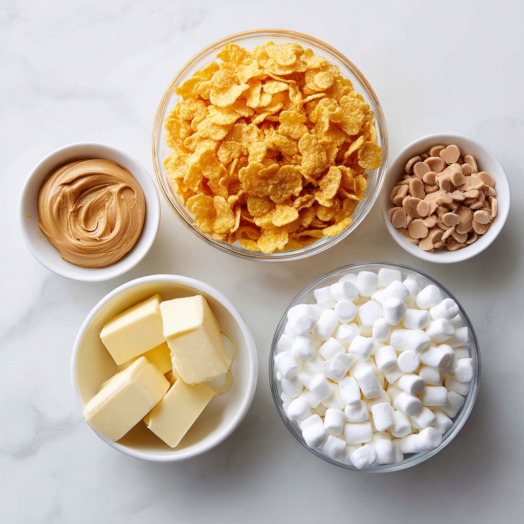 The image shows a white marbled surface with five bowls arranged in a rough circle. At the top center is a clear glass bowl filled with bright golden yellow cornflakes cereal. Below this, on the right side, is a larger clear glass bowl full of small, white mini marshmallows. To the left of the marshmallows is a white bowl with smooth, light brown peanut butter. Above this bowl, there is a smaller white bowl containing light brown peanut butter chips mixed with oil. At the bottom left, a small white bowl holds several small cubes of pale yellow salted butter. The bowls and ingredients are neatly placed and well-lit. Photo taken with an iphone --ar 4:5 --v 7