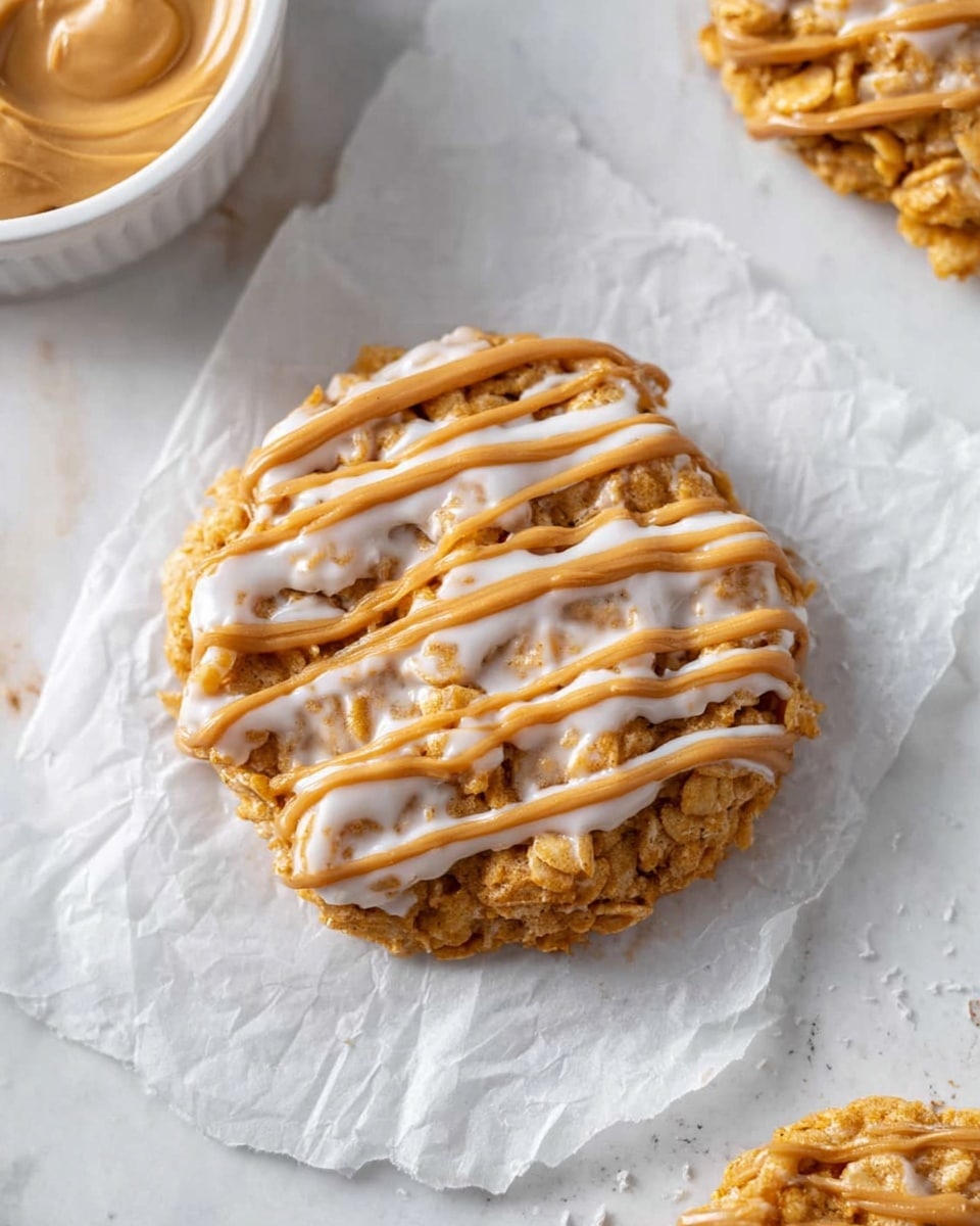 The image shows round clusters of a crispy cereal and marshmallow treat placed on white parchment paper over a white marbled surface. Each cluster has a textured, layered look with golden brown cereal flakes bound together by white melted marshmallow pieces visible throughout. On top, there are thin, even drizzle lines of smooth caramel-colored sauce adding contrast and detail across the surface of each treat. Three white mini marshmallows sit next to the treats in one corner, emphasizing the ingredients. The overall look is crunchy, sweet, and inviting with warm colors and soft textures. Photo taken with an iphone --ar 4:5 --v 7