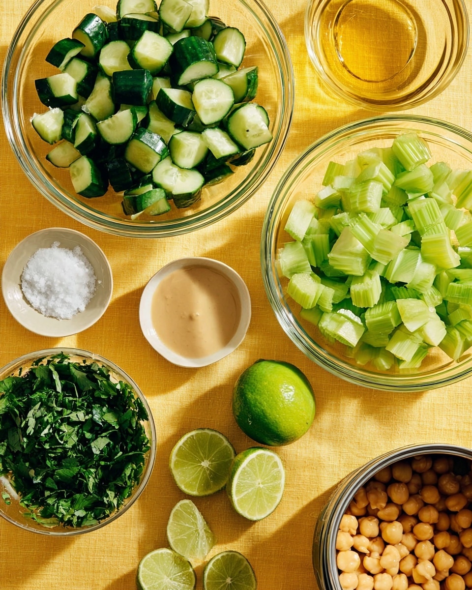 The image shows a top-down view of multiple clear glass bowls placed on a yellow cloth background. The largest bowl at the top holds chopped cucumber pieces with dark green skin and light green centers. Below it, on the right, is another large bowl filled with fresh cut celery chunks in a pale green color. On the bottom left, a smaller bowl contains finely chopped dark green leafy herbs. Near the center, there are two lime halves with a bright green rind and light green juicy interiors, sitting beside a whole lime. To the left of the limes, there is a small bowl with white granulated salt, a small bowl with a light brown creamy sauce, and a glass of golden yellow oil. On the far right side of the image is an opened metal can showing round tan chickpeas inside. The photo was taken on a white marbled surface. photo taken with an iphone --ar 4:5 --v 7