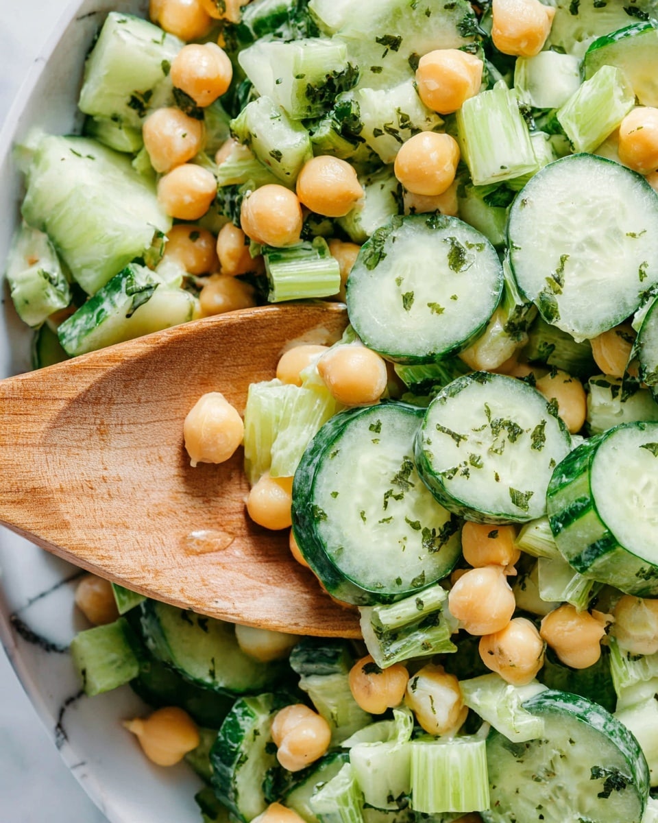 A close-up view of a fresh salad with three main layers: the first layer contains light green cucumber slices with a mix of dark green skin, cut into half-moons with a wet texture. The second layer features pale green celery pieces, diced small with a crunchy look, scattered evenly across. The third layer shows round, light yellow chickpeas distributed throughout the salad, adding a soft and smooth texture. Some small specks of dark green herbs are sprinkled all over, giving a fresh and lively look. A wooden spoon with a smooth surface is placed on top of the salad, partially covering some chickpeas and cucumber pieces. The salad rests on a white marbled texture background. Photo taken with an iphone --ar 4:5 --v 7