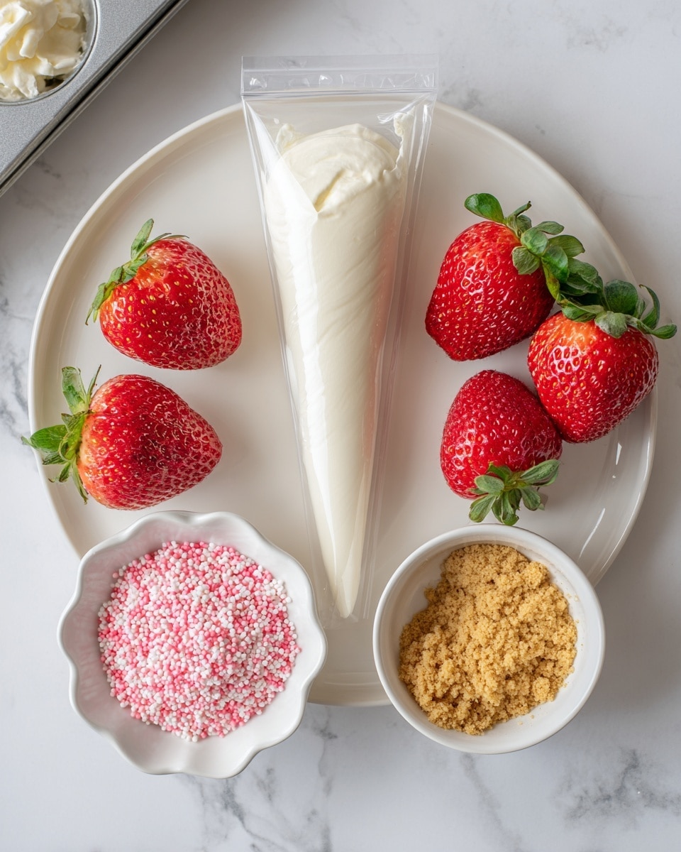 The image shows a white plate with several red strawberries in the top right corner, each with green leaves still attached. In the center, there is a clear piping bag standing upright filled with a smooth, creamy white mixture labeled as whipped cream cheese, powdered sugar, vanilla extract, and lemon zest. To the bottom right of the piping bag is a small bowl filled with light brown graham cracker crumbs, and to the bottom left, there is a white scalloped dish filled with small pink sprinkles. The background is a white marbled texture with a hint of a cupcake tray partially visible on the left side. photo taken with an iphone --ar 4:5 --v 7