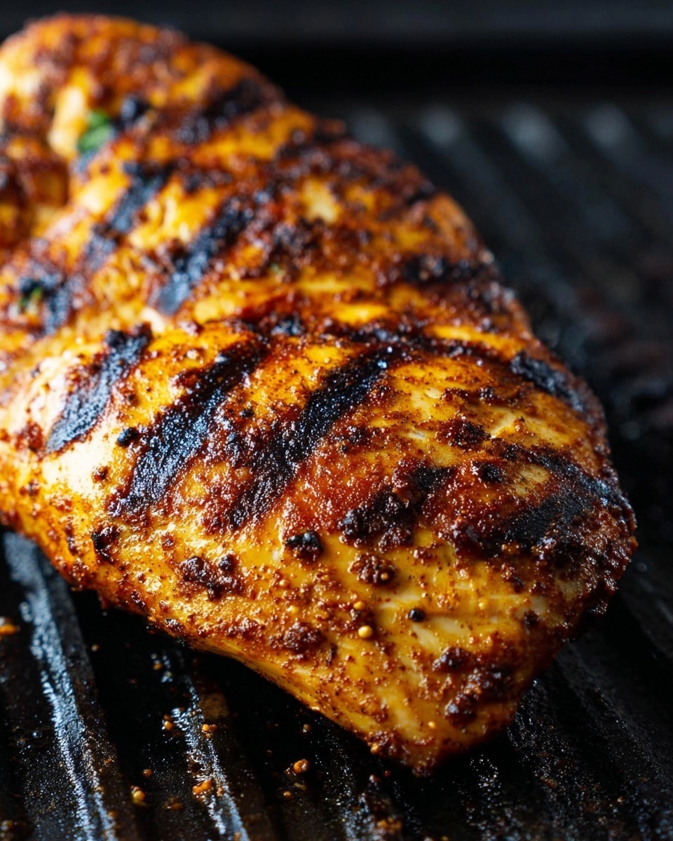 A close-up of a grilled piece of chicken with a golden-brown color and dark grill marks across the top, showing a textured surface with spices and a slight char. The chicken sits on black grill grates with bits of seasoning and charred marks scattered around. The surface underneath the grill is not seen clearly but is dark, emphasizing the rich colors of the chicken. photo taken with an iphone --ar 4:5 --v 7