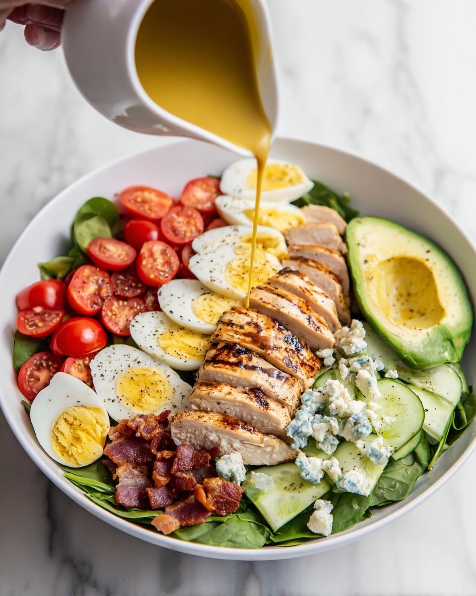 A white bowl filled with green spinach leaves as the base, topped with five slices of grilled chicken placed in the middle. To the left, bright red halved cherry tomatoes; above them, sliced boiled eggs with yellow yolks sprinkled with black pepper and bits of chopped red onion and bacon. On the right side, thinly sliced light green cucumbers with blue cheese crumbles and bacon pieces scattered on top. At the bottom right, there is half an avocado with a green flesh and seed cavity. A white jug is held by a woman's hand pouring a golden yellow dressing over the eggs. The bowl is set on a white marbled surface. photo taken with an iphone --ar 4:5 --v 7