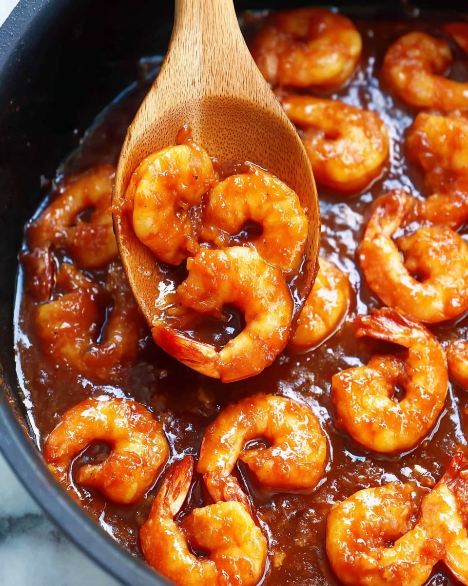 The image shows a close-up of a wooden spoon lifting several cooked shrimp coated in a thick, shiny reddish-orange sauce from a black pan. The shrimp are curved and appear juicy with a glossy, smooth texture covered evenly in the rich sauce. The sauce pools around the shrimp in the pan, creating a wet and saucy backdrop. The overall colors are warm with bright orange shrimp highlighted by the dark pan below. The focus is tight on the spoon and shrimp, emphasizing the sauce's vibrant color and texture. The surface beneath the pan is a white marbled texture. Photo taken with an iphone --ar 4:5 --v 7