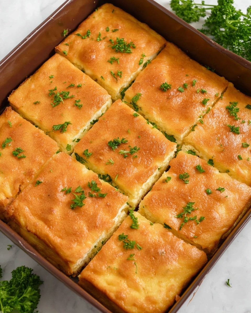 The image shows a golden-brown baked dish cut into nine even rectangular pieces inside a brown baking pan. The top layer is a smooth, slightly crispy crust with a warm orange-brown color, sprinkled with small green parsley leaves scattered over the surface. The crust looks soft but firm, with slight cracks near the cuts. The pan sits on a white marbled textured surface, and some fresh parsley is visible on the side. Photo taken with an iphone --ar 4:5 --v 7