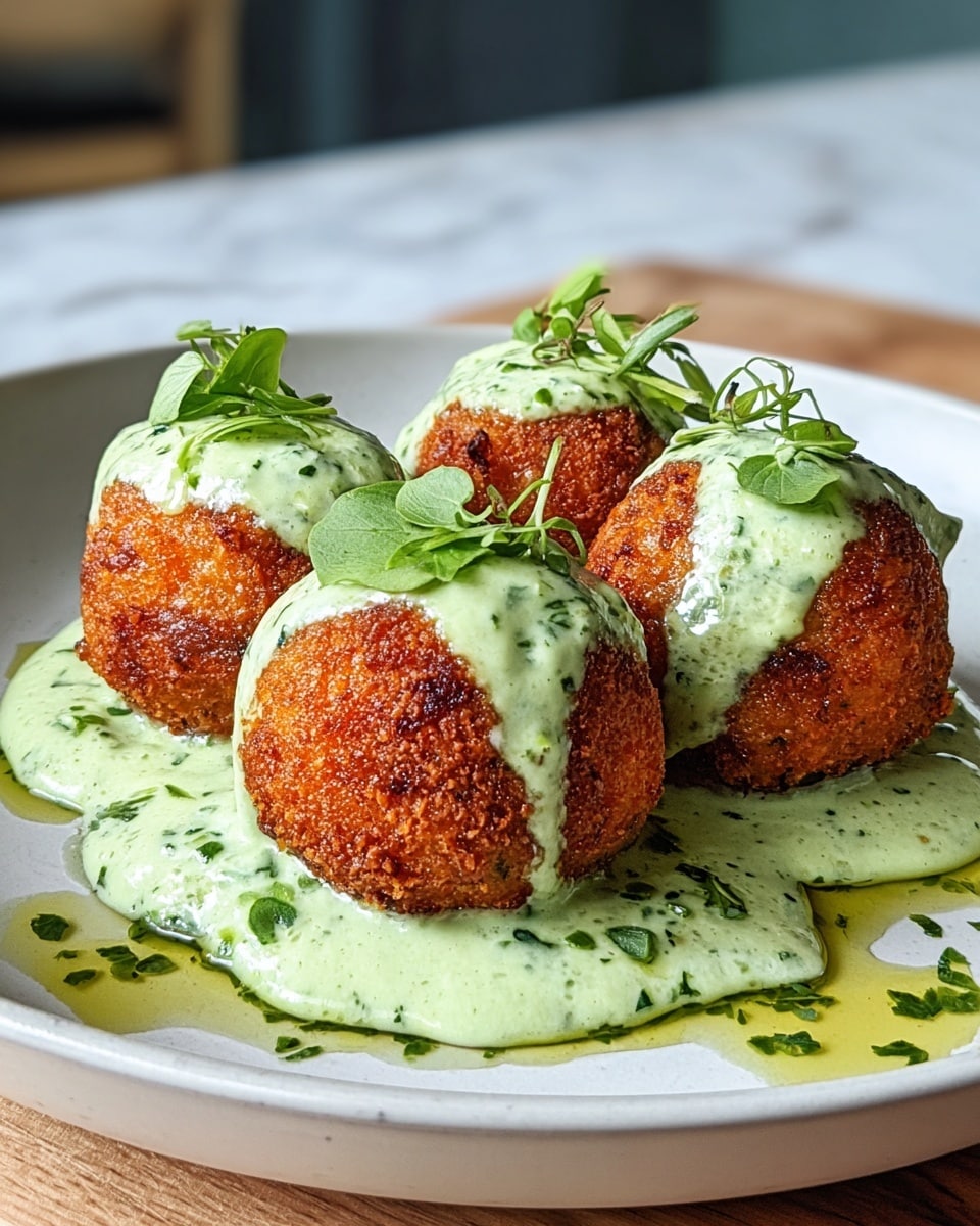 The image shows four golden-brown, round patties with a crispy outside layer, placed closely together on a white plate. Each patty is topped with a smooth, pale green sauce that slightly drips down its sides. The sauce is garnished with small pieces of green herbs, adding texture and freshness. The white plate sits on a white marbled surface, and the lighting highlights the warm tones of the patties and the creamy texture of the sauce. Photo taken with an iphone --ar 4:5 --v 7