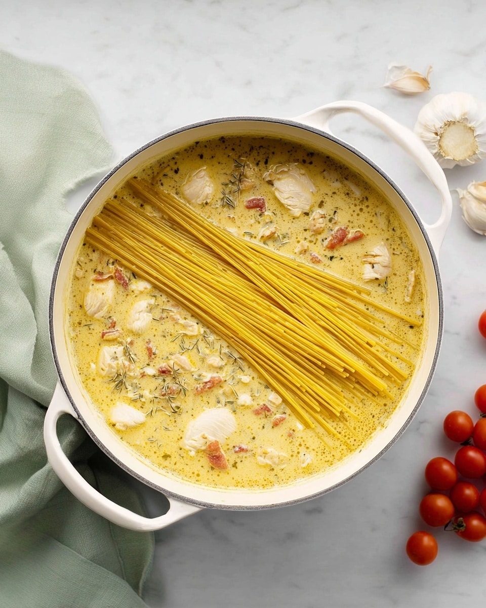 A round white pot holds a creamy, yellowish soup base with herbs and small bits of ham mixed in, covering three cooked white chicken pieces positioned near the center. On top of the soup, several groups of dry yellow spaghetti lay flat, spreading from the middle to the edges. The pot is placed on a white marbled surface, with a light green cloth to the left and a group of three garlic cloves and five small red cherry tomatoes to the right. Photo taken with an iphone --ar 4:5 --v 7