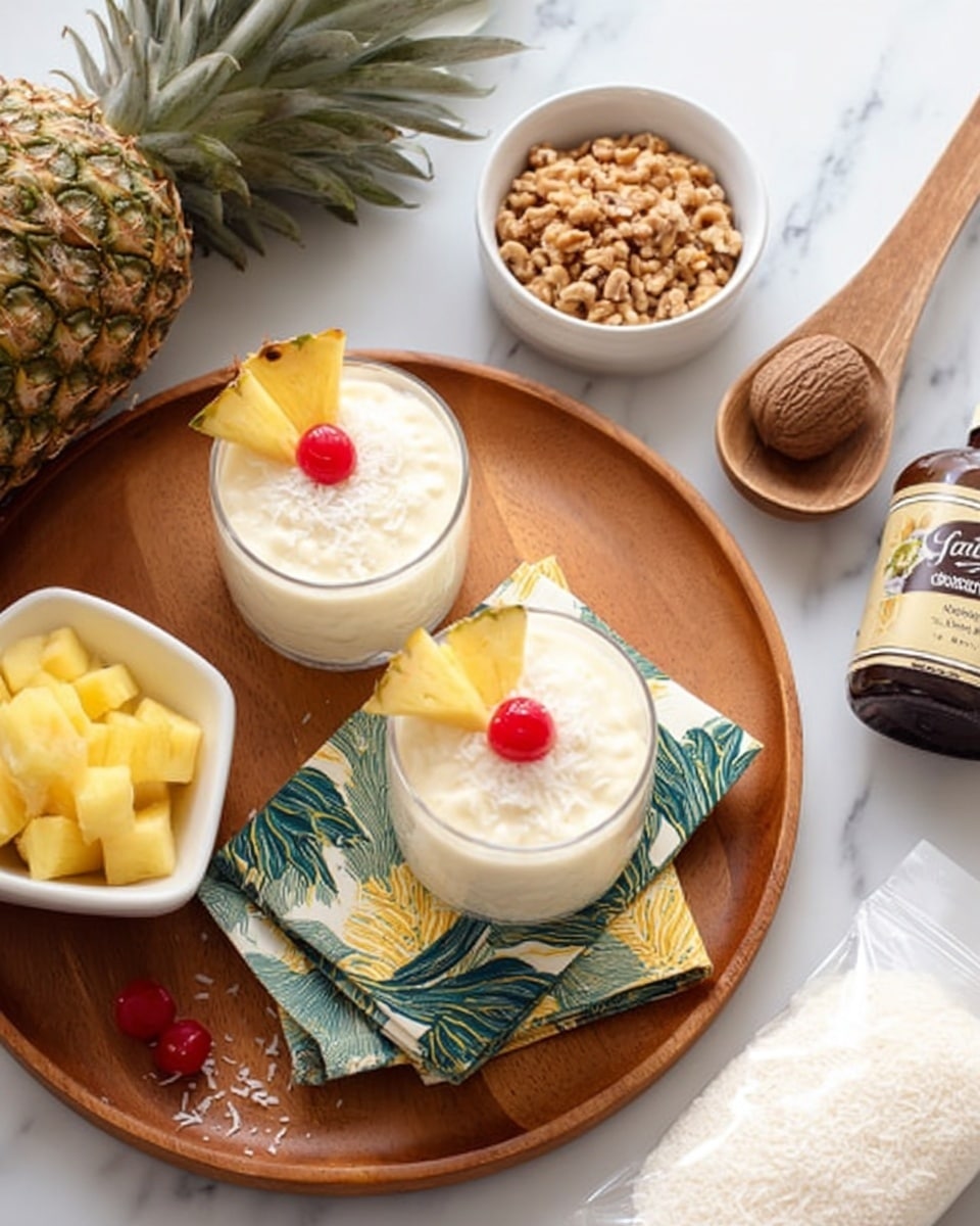 The image shows two clear glasses filled with a creamy white dessert that has a smooth texture, topped with a red cherry and a triangular slice of yellow pineapple on each glass. The glasses are placed on a round wooden tray with three folded cloth napkins in green, blue, and yellow patterns underneath. Next to the glasses, there is a small white bowl with yellow pineapple wedges and red cherries inside. Around the tray, there is a whole pineapple in the top left corner, a white bowl filled with brown crushed nuts and a wooden spoon on the top right, a white bag of powdered sugar to the right, a small dark brown vanilla extract bottle at the bottom right, and a clear plastic bag of shredded coconut on the left side. The setting rests on a white marbled surface. Photo taken with an iphone --ar 4:5 --v 7