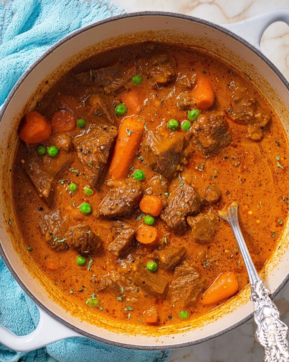 A close-up top view of a white pot filled with rich brown beef stew in a thick, creamy orange sauce. The stew has large chunks of tender beef layered throughout, along with bright orange carrot slices and green peas scattered on top. The sauce clings to the meat and vegetables, showing a smooth texture with specks of black pepper. A silver spoon rests inside the pot on the right side, partially submerged in the stew. The pot is sitting on a white marbled textured surface with a light blue cloth nearby. Photo taken with an iphone --ar 4:5 --v 7