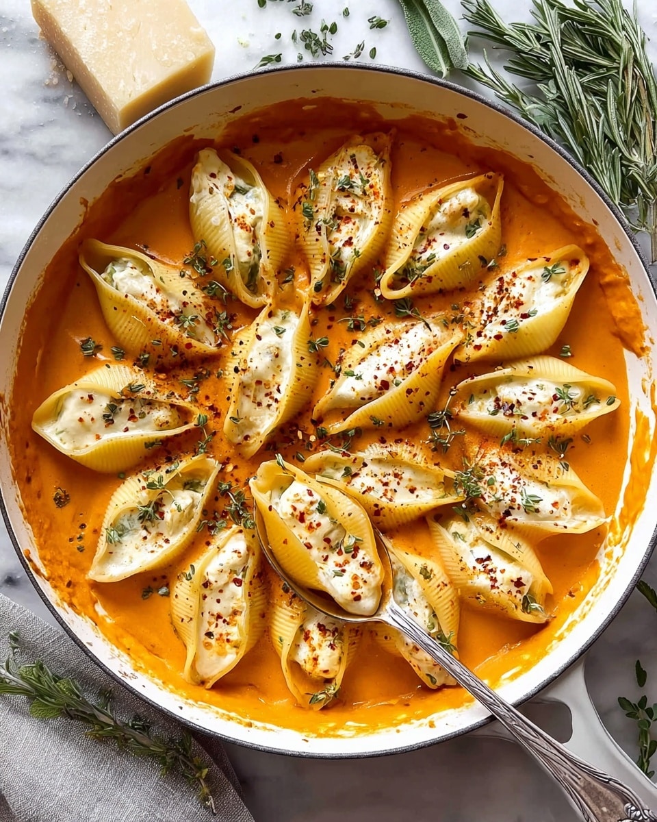 A round white pan filled with a smooth orange sauce as the base layer, over which large stuffed pasta shells are evenly placed in a circular pattern, each shell being pale yellow with a creamy white filling inside. The shells have some browned spots, showing slight toasting, and they are garnished with small green herb sprigs and sprinkled with crushed red pepper flakes and black pepper. A silver spoon is scooping one pasta shell from the lower right side of the pan. The pan sits on a white marbled surface with sprigs of fresh rosemary and a piece of hard cheese in the background. photo taken with an iphone --ar 4:5 --v 7