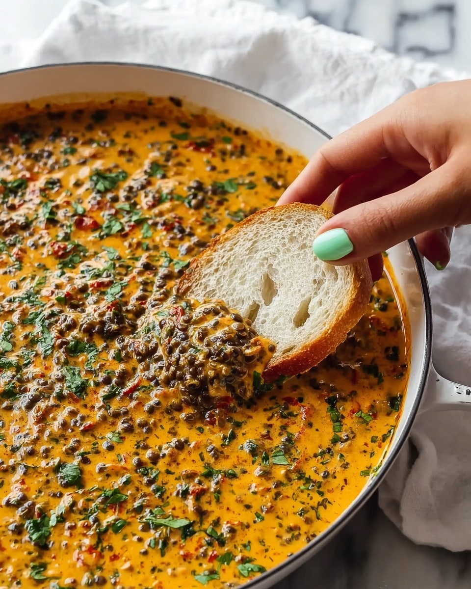 A white pan filled with a thick orange sauce that has visible small lentils and green herbs mixed evenly throughout. The sauce looks creamy with small bits of red scattered inside, likely from tomatoes or peppers. A woman's hand with mint green nail polish is dipping a slice of white soft bread into the sauce, showing the bread’s light and airy texture soaked partially with the sauce. The pan is sitting on a white marbled surface with a white cloth nearby. photo taken with an iphone --ar 4:5 --v 7