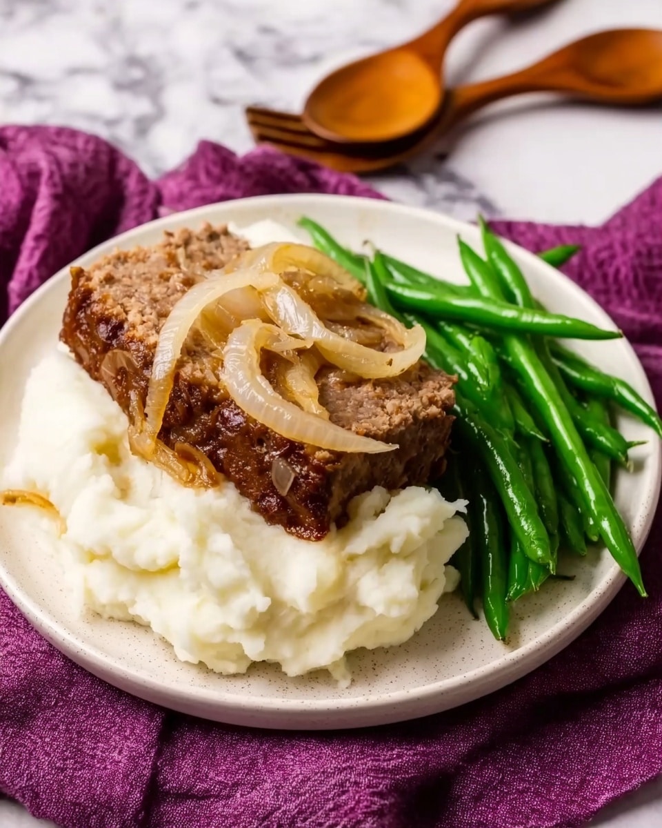 The image shows a white plate with three main parts: a thick slice of brown meatloaf topped with light tan cooked onion strips on the right side, a large mound of smooth white mashed potatoes underneath and slightly to the left of the meatloaf, and a bundle of bright green, crisp green beans arranged neatly along the right edge. The plate is placed on a purple cloth with two wooden spoons in the background, all set on a white marbled surface. photo taken with an iphone --ar 4:5 --v 7