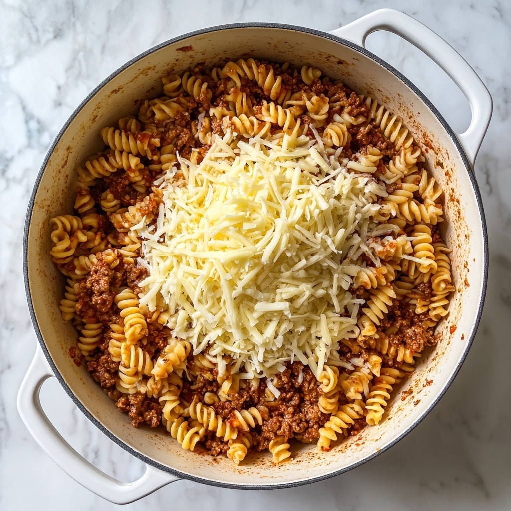 A white round pot with two handles is filled with cooked spiral pasta mixed with seasoned ground meat in a reddish-brown sauce, visible through the pasta gaps; on top sits a large mound of shredded yellow and white cheese covering most of the pasta beneath, with the overall texture soft and slightly moist. The pot rests on a white marbled surface. photo taken with an iphone --ar 4:5 --v 7