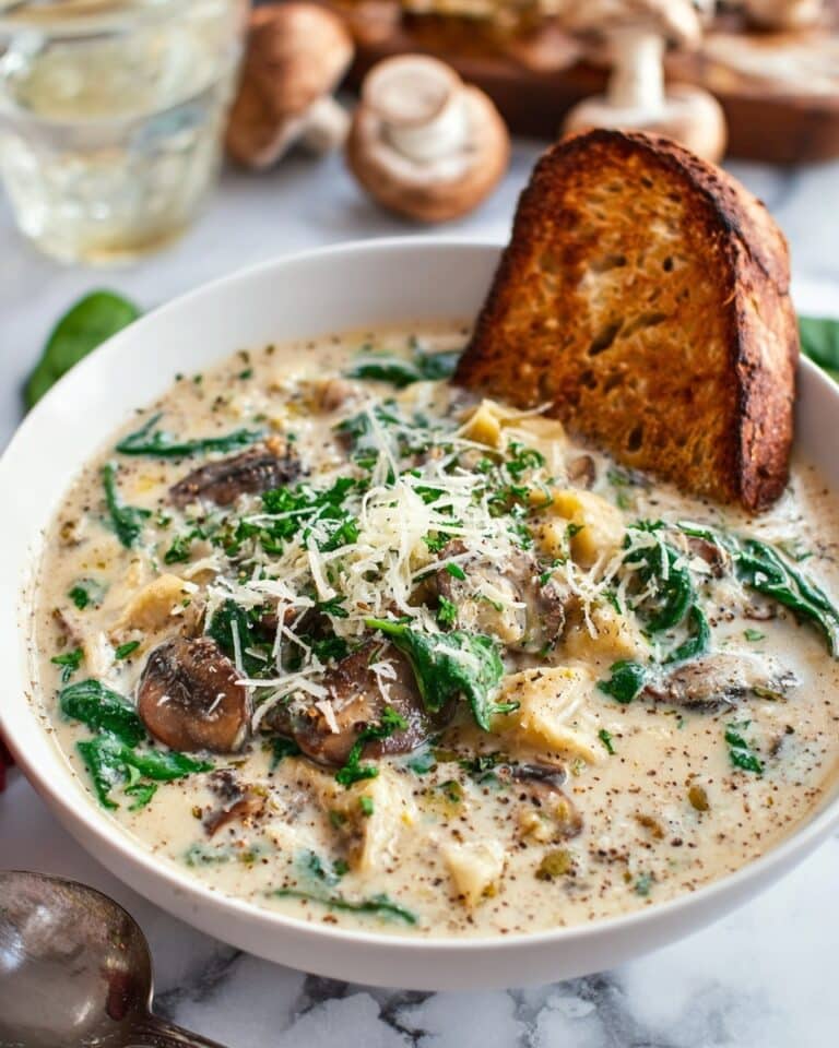 Creamy Parmesan Mushroom and Spinach Tortellini Soup Recipe