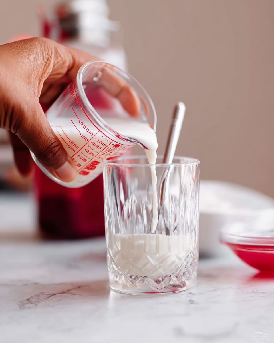 A close-up view of a woman's hand pouring a white creamy liquid from a small glass measuring cup with red markings into a clear, cut-glass container with a metal stirring stick inside. The glass container is placed on a white marbled textured surface, with a blurred small white bowl containing red liquid and a partially visible red bottle in the background. The image captures the pouring action with focus on the liquid as it flows smoothly into the container. photo taken with an iphone --ar 4:5 --v 7