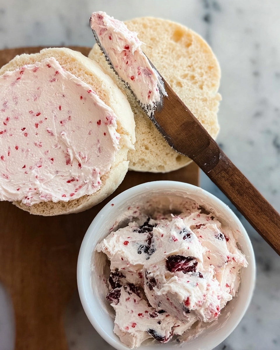 The image shows a close-up of a white English muffin sliced in half, with the top half spread with a light pink creamy mixture that has small red specks. A wooden knife with the same pink spread on it rests on the muffin top. Below the muffin, there is a small white bowl filled with a creamy mixture that is mostly white with dark red and black chunks mixed throughout. The background is a white marbled surface. photo taken with an iphone --ar 4:5 --v 7