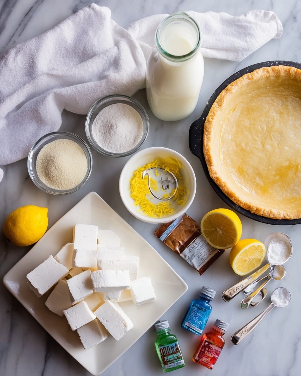The image shows many ingredients and a finished pie on a white marbled surface. In the top right, there is a golden brown pie in a black pan with a slightly uneven crust. Next to the pie is a tall clear glass bottle filled with white milk. Near the center, there are small white bowls; one full of white sugar, one with lemon zest, and one with a yellow lemon juicer holding a squeezed lemon half and a fresh lemon half beside it. Below these bowls is a white square plate stacked with soft, white cubes which look like marshmallows or cream. There is a small brown packet of gelatin and three small bottles of color food coloring in red, green, and blue, along with a small bottle of vanilla extract. Scattered around, there are different sized white measuring spoons and cups. A woman's hand with a white cloth is slightly visible in the top left corner. The background is a white marble surface covered with a white cloth. Photo taken with an iphone --ar 4:5 --v 7