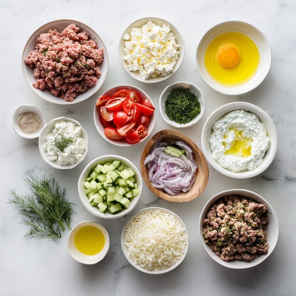A white bowl holds a layered dish starting with a base of white rice on the right side, topped partially with a creamy white sauce flecked with green herbs. Above the rice, there are several browned meatballs garnished with sprigs of fresh dill. On the left side of the bowl, there is a colorful salad of bright red cherry tomato halves mixed with green cucumber chunks and sprinkled with small white cheese crumbles. A light tan dollop of hummus with a pool of olive oil and red pepper flakes is placed near the salad. Pieces of soft white flatbread are tucked along the edge of the bowl behind the meatballs. The bowl sits on a white marbled surface, and another dish with similar meatballs is visible in the upper right corner. photo taken with an iphone --ar 4:5 --v 7