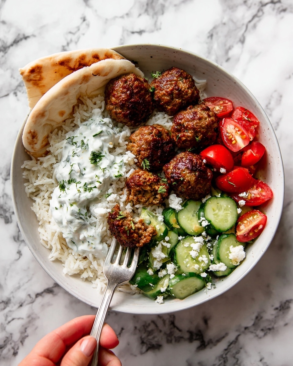 A white bowl is filled with four layers: on the bottom, there is a layer of cooked white rice; next to it, small meatballs with a browned, crispy texture are placed closely together; beside the rice and meatballs is a fresh salad made of chopped cucumber and halved cherry tomatoes, showing bright green and red colors with some white cheese crumbles on top; a dollop of white creamy sauce with green herb pieces is spread partially over the rice next to the meatballs; a piece of soft, folded flatbread with a light golden color leans against the edge of the bowl. A woman's hand holding a fork is picking up one meatball. The bowl is set on a white marbled surface. photo taken with an iphone --ar 4:5 --v 7