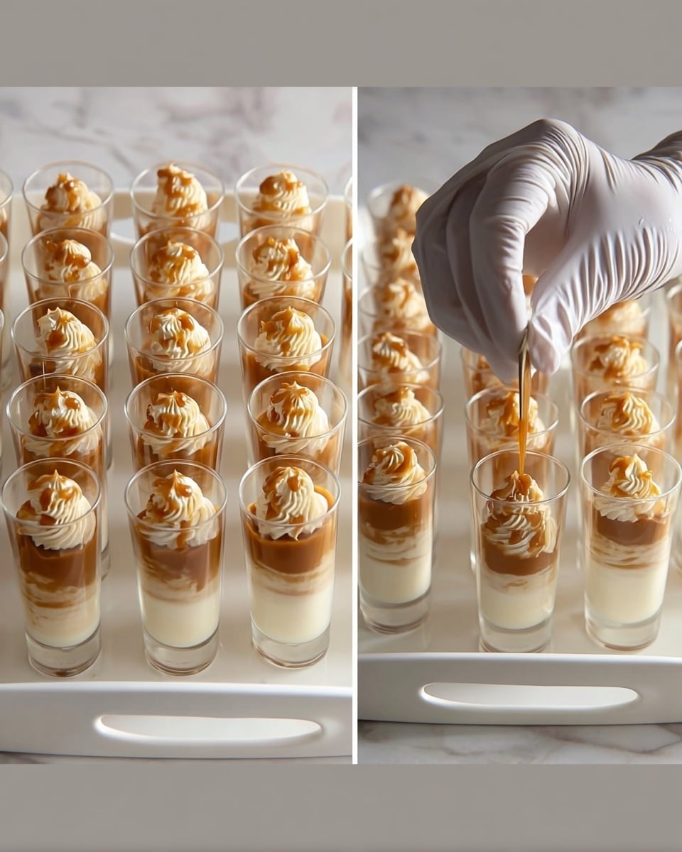 There are sixteen clear tall glasses arranged in neat rows on a white tray with handles. Inside each glass, there are several alternating swirled layers of light cream and caramel brown, stacked evenly from bottom to top. On top of each glass, there is a swirl of light cream decorated with a small dollop of caramel sauce. A woman's hand wearing a white glove is shown adding caramel on top of one glass on a white marbled surface. photo taken with an iphone --ar 4:5 --v 7