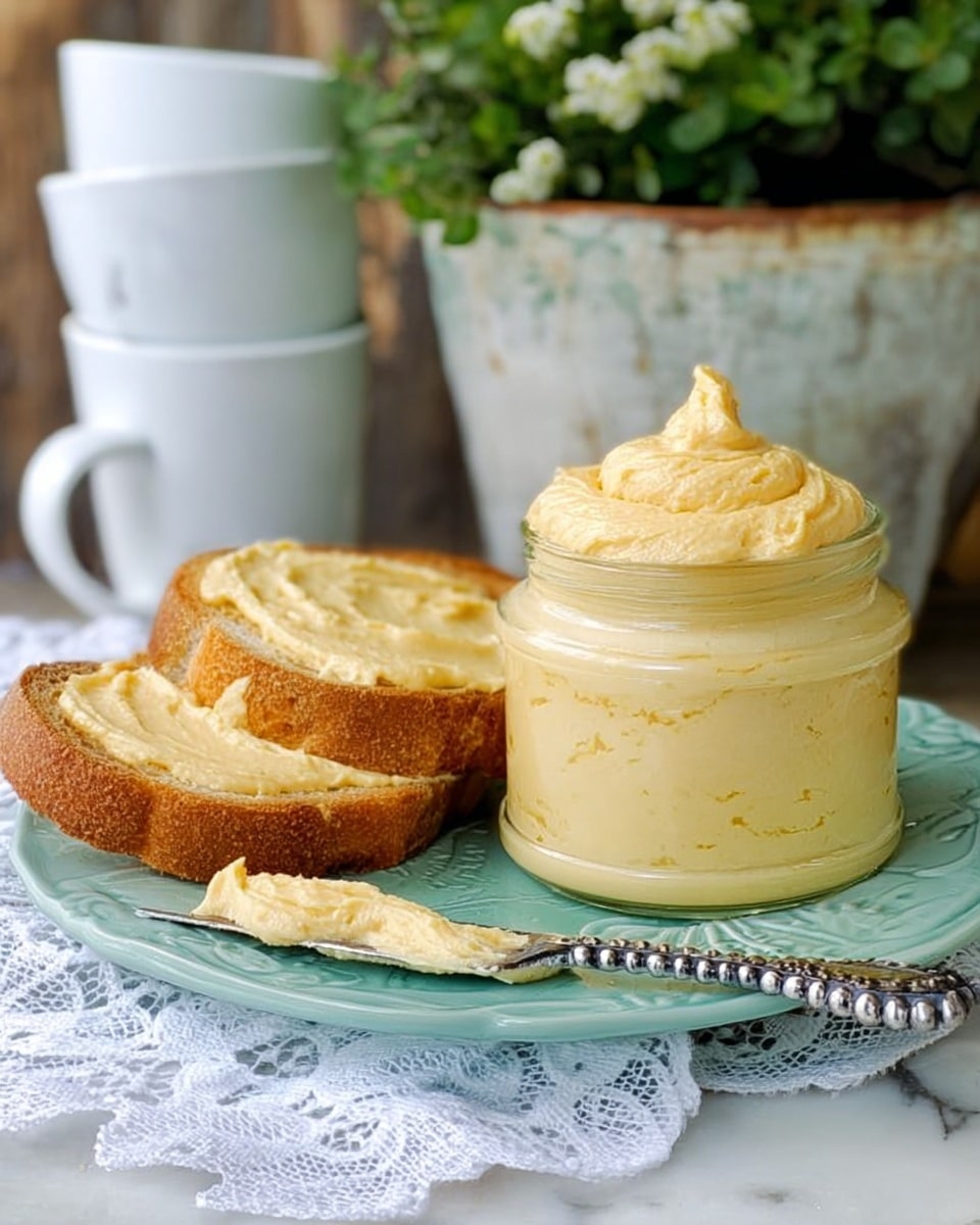 The image shows a white plate holding five toasted bread slices, light golden brown with a soft texture and slight charring on edges. The bread slices are arranged standing on their side, leaning in a semi-circle around a jar filled with a thick, creamy, pale yellow spread. One bread slice lies flat, generously spread with the same creamy mix. In the foreground on the plate sits a small butter knife with a round, beaded handle, coated with some of the spread. The background surface is a white marbled texture. Photo taken with an iphone --ar 4:5 --v 7
