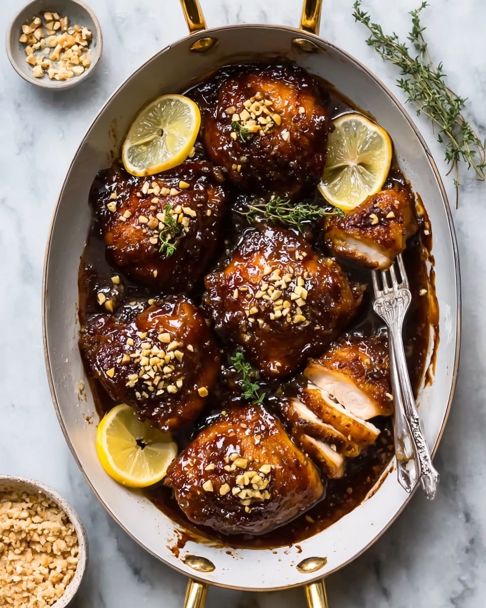 The image shows six pieces of glossy, dark brown glazed chicken thighs arranged in a white oval pan with golden handles. The chicken has a shiny texture with small crushed nuts sprinkled on top. Two lemon slices rest on the chicken in the middle and one at the bottom left, adding bright yellow color. A sprig of fresh green thyme lies on top and near the chicken. On the right, one chicken piece is sliced, showing the light beige inside, with a silver fork placed underneath the slices. The pan is on a white marbled surface with a small bowl of crushed nuts in the lower left corner partially visible. photo taken with an iphone --ar 4:5 --v 7