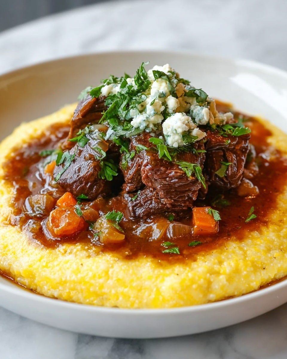 The dish shows three main layers on a white plate sitting on a white marbled surface. The bottom layer is a smooth, creamy yellow base with a soft texture, spread evenly across the plate. On top of that is a thick dark brown stew with visible chunks of cooked onions and carrots, creating a rich and hearty look. Large, tender pieces of dark brown roast meat are stacked over the stew, with clear texture lines showing the meat's fibers. On top of the meat is a dollop of pale yellow creamy sauce that has green herb pieces mixed in, garnished further with small fresh green herb leaves scattered on top. photo taken with an iphone --ar 4:5 --v 7