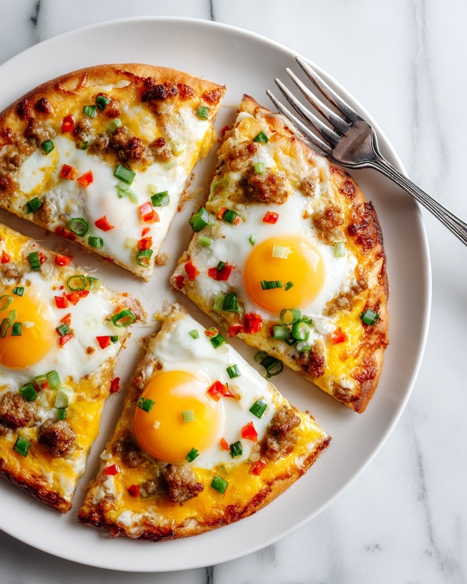 A round pizza with four slices on a white plate sits on a white marbled surface. The pizza has a crispy golden brown crust with melted yellow cheese as the base layer. Each slice is topped with a cooked sunny-side-up egg in the center, showing bright yellow yolks and white edges. Small pieces of browned sausage are spread unevenly on the cheese. Green chopped scallions and small red bell pepper pieces are scattered over the pizza, adding color contrast. A silver fork rests near the top right edge of the plate. photo taken with an iphone --ar 4:5 --v 7
