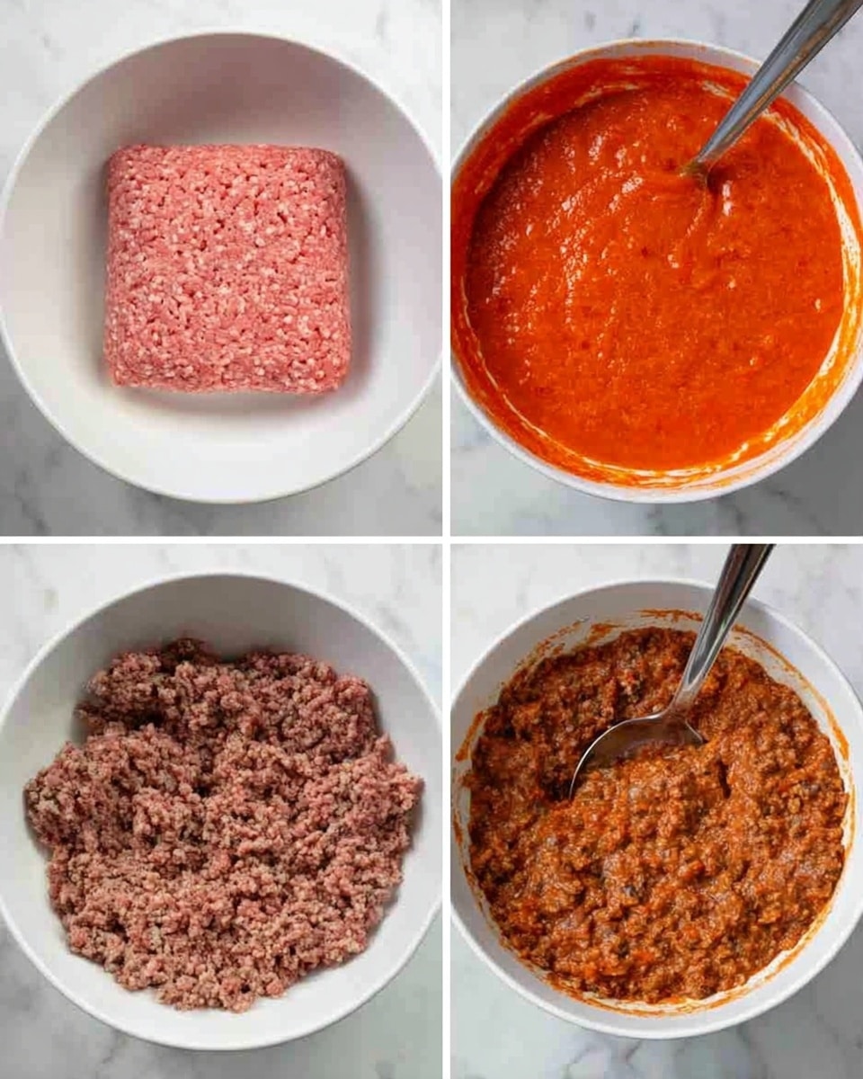 The image shows a four-step process of cooking ground meat mixed with sauce in a white bowl. The first layer is a block of raw pink ground meat with a smooth texture, filling the bowl. The second layer shows the ground meat cooked and browned, loose and crumbly, filling the bowl. The third layer adds a thick, bright reddish-orange sauce on top of the cooked meat, with a silver ladle partially in the bowl. The fourth layer is the fully mixed dish, where the meat is combined with the sauce, showing a chunky texture and a rich brownish-red color. The bowl is placed on a white marbled surface. photo taken with an iphone --ar 4:5 --v 7