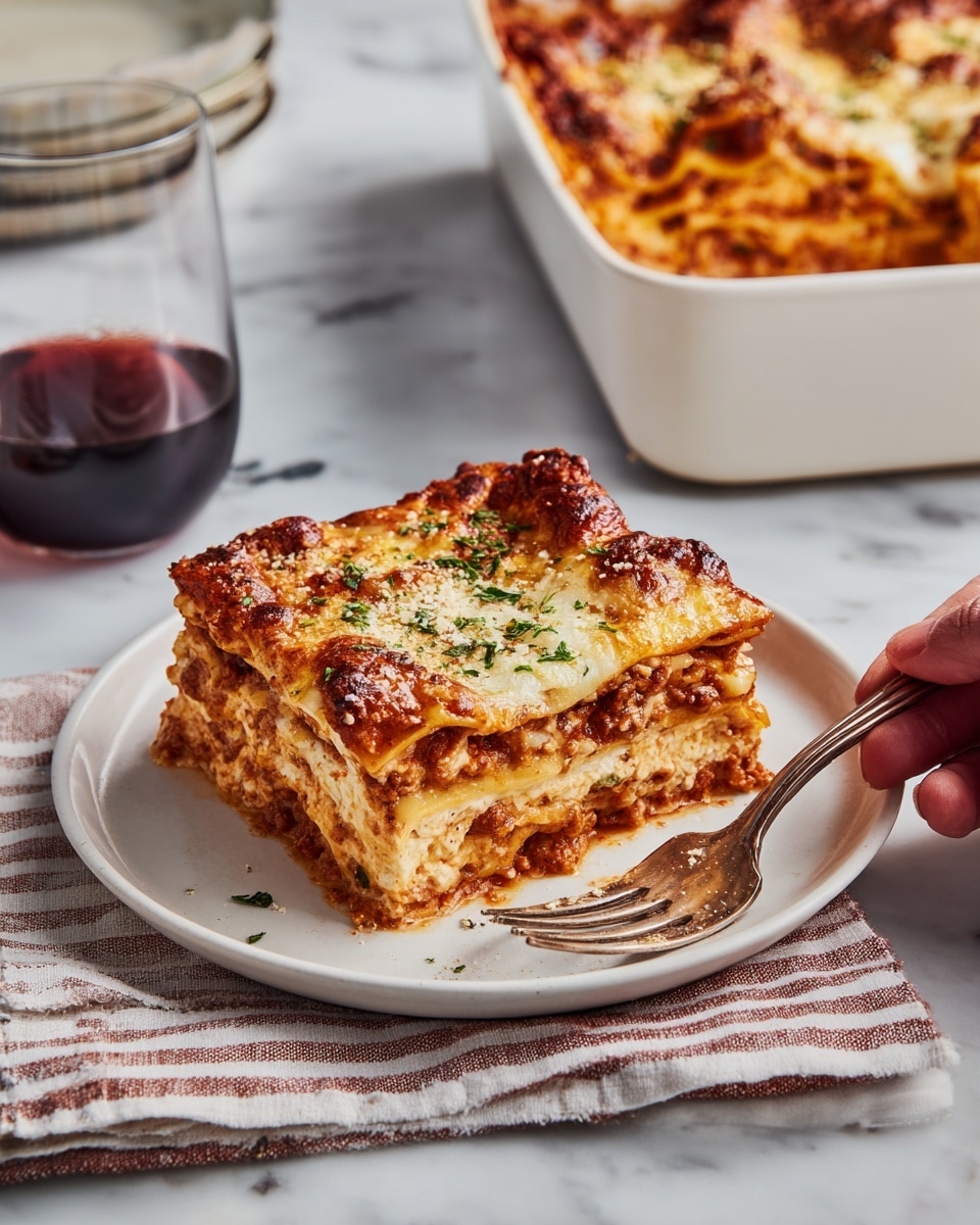 A square piece of baked lasagna with golden melted cheese on top sits on a white plate. The lasagna shows clear layers: a browned cheese layer on top, a thick red tomato sauce layer, pasta sheets, and a creamy white layer below. The plate rests on a striped cloth on a white marbled surface. Next to the plate is a fork with a woman's hand holding it. In the background, there is a white baking dish filled with more lasagna, and a glass of red wine is nearby. Photo taken with an iphone --ar 4:5 --v 7