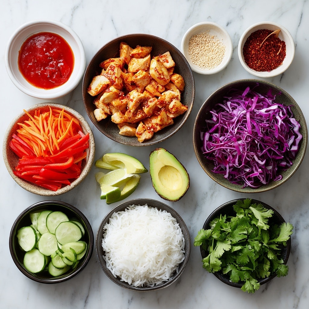 The image shows a white bowl filled with several colorful layers of food. The bottom layer appears to be rice or a similar white grain. On top of this base, there are bright purple shredded cabbage on the right side, thinly sliced cucumber rounds along the left side, and a fan of thin avocado slices placed in the lower center. In the middle of the bowl, there are golden-brown grilled chunks of chicken with a shiny glaze and small green herb bits sprinkled over them. Thin orange carrot strips are arranged near the avocado, and a creamy sauce with a light orangish color is drizzled over the avocado and carrots, with some black sesame seeds garnishing the dish. The bowl is placed on a white marbled surface in a close-up view. Photo taken with an iphone --ar 4:5 --v 7
