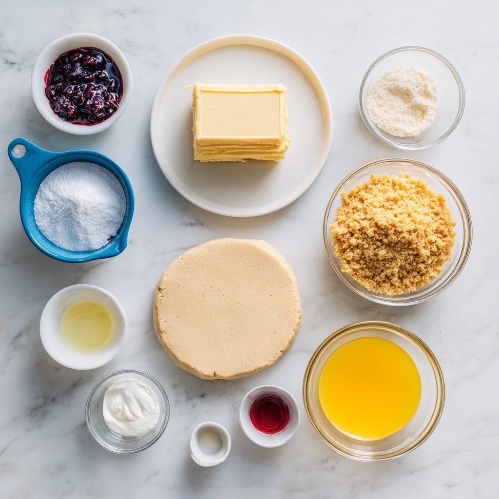 The image shows ingredients arranged neatly on a white marbled surface for a dessert. In the center, there is a smooth, round dough layer with a light beige color and soft texture. Above it, a square block of pale yellow butter sits on a white plate. To the right of the butter, a clear glass bowl is filled with golden brown crushed crumbs. Below the crumbs, a white bowl holds bright yellow melted butter. Next to that, a small clear bowl contains white powdered sugar. To the left of the dough, a blue measuring cup holds white cream. Above the cream, a small bowl has light yellow liquid, and nearby is a tiny transparent container with red liquid. In the middle above the dough, a small white bowl contains dark purple berries in syrup. The whole setup is orderly and brightly lit, showing clear colors and textures. photo taken with an iphone --ar 4:5 --v 7