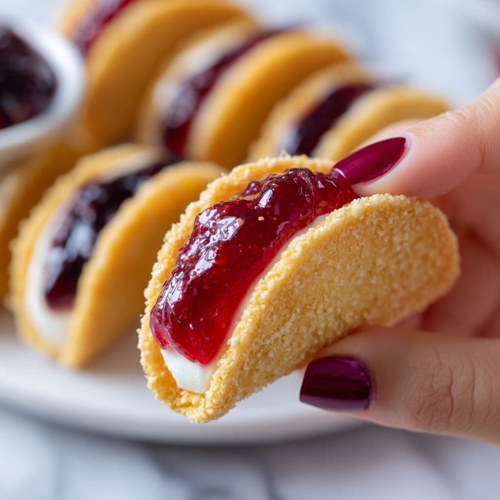 The image shows a close-up of small taco-shaped crispy shells filled with two layers. The bottom layer inside the shell is smooth and creamy white, and on top of this is a glossy, bright red jelly-like layer that looks like jam. A woman's hand with dark red nail polish holds one of the shells carefully. In the background, more of these shells are arranged on a white plate, some filled with a dark purple berry jam instead of red jelly. The surface beneath the plate has a white marbled texture. The photo has a warm, inviting feel with a sharp focus on the held shell while the background is softly blurred. Photo taken with an iphone --ar 4:5 --v 7