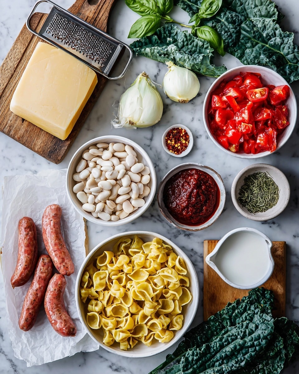 The image shows various ingredients arranged neatly on a white marbled surface. At the top left is a wooden board holding a large block of light yellow cheese with a metal grater resting on it. To the right, fresh green basil leaves and two yellow onions sit near a bulb of garlic. In the center, a white bowl filled with pale white beans is placed beside a white bowl of bright red diced tomatoes. Below that, another white bowl contains uncooked yellow tortellini pasta. Next to it, there are three raw sausages on a white parchment paper. A small round white dish holds a deep red paste, and another small white dish contains a mix of crushed red pepper flakes. To the right, a white cup holds white cream or milk, next to an oval white dish with green dried herbs. At the bottom right corner, a wooden board is stacked with dark green kale leaves. Photo taken with an iphone --ar 4:5 --v 7