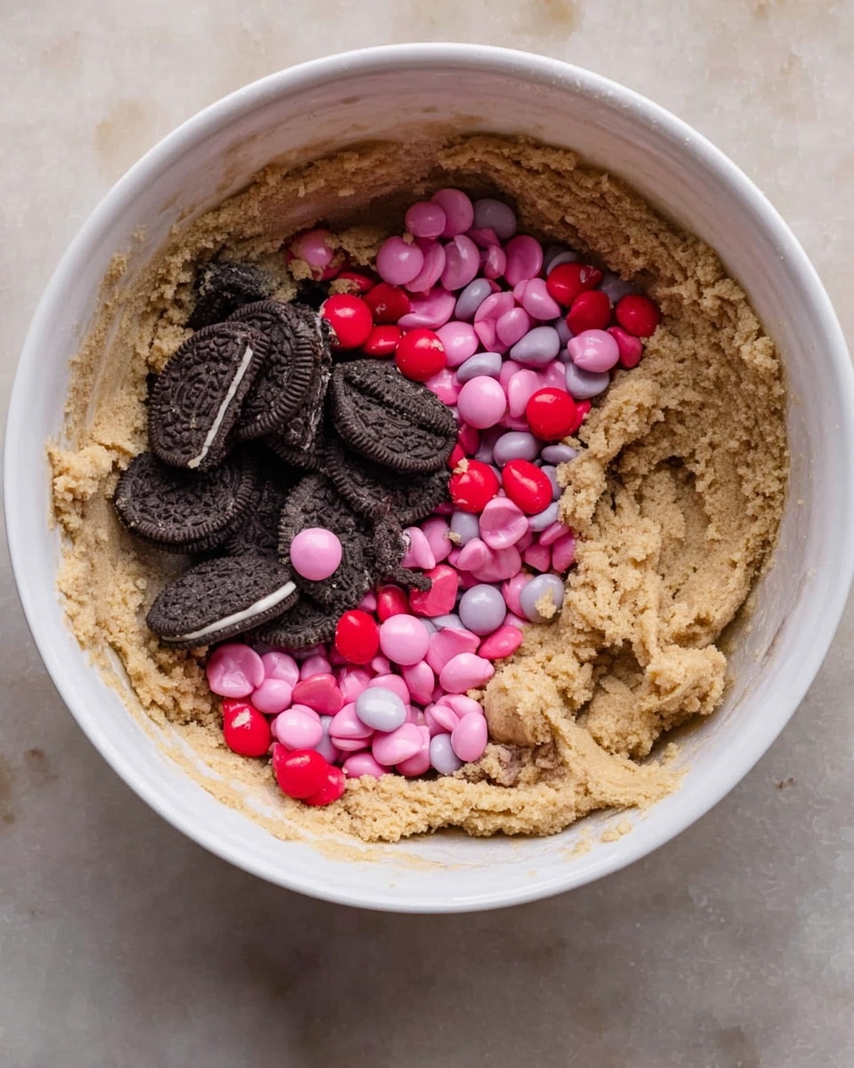A white round bowl holds thick, light brown cookie dough filling most of the bowl. On top, there is a pile of broken dark chocolate sandwich cookies with white cream inside on one side, and a bright mix of pink, red, and light purple candy-coated chocolates piled beside them. The bowl sits on a white marbled surface, showing a clear contrast between the dough, candies, and cookies. photo taken with an iphone --ar 4:5 --v 7