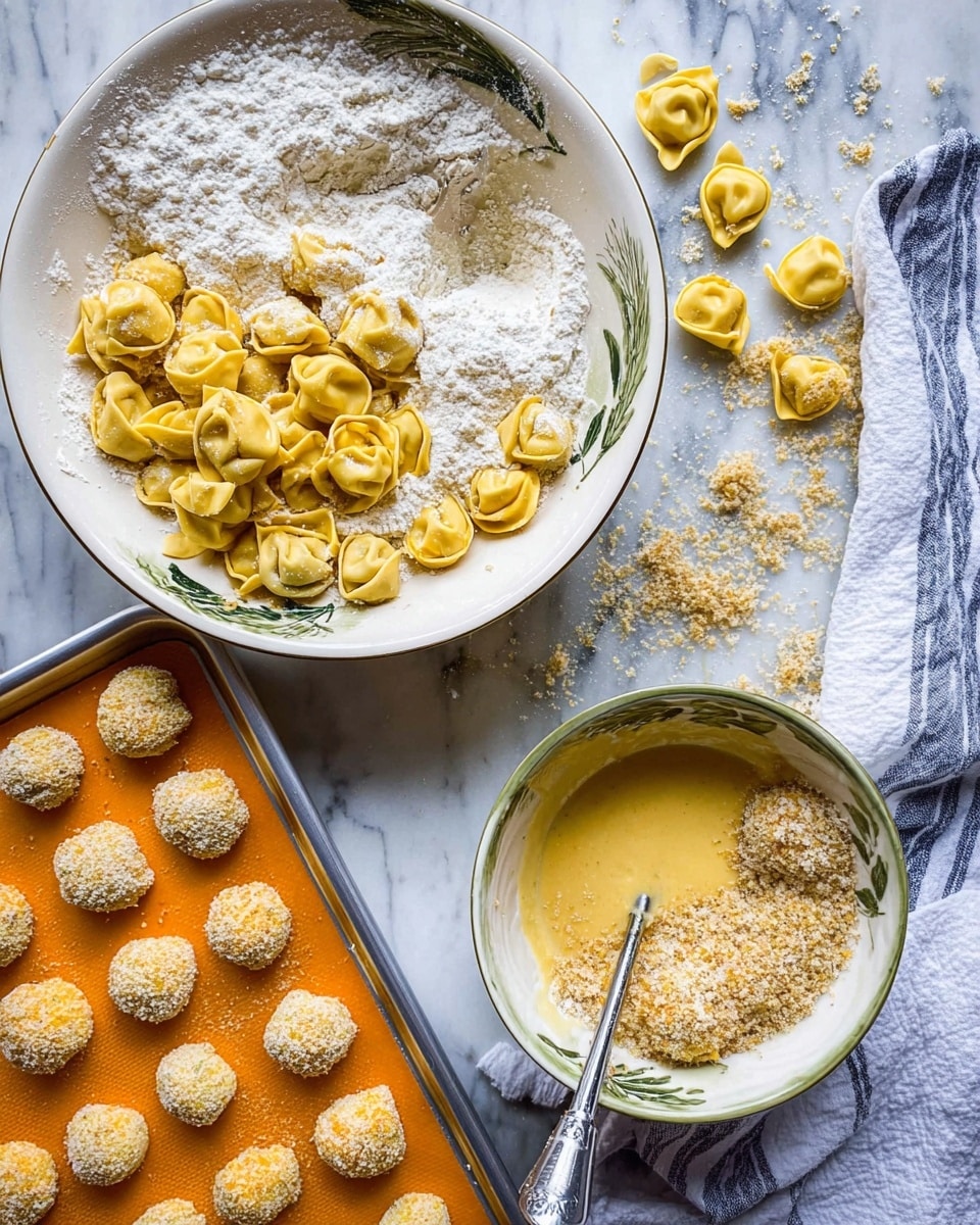 The image shows three white bowls with green leaf patterns, each containing different stages of preparing tortellini. The top-left bowl holds a mix of yellow tortellini pieces and white flour dusted over some of the tortellini, with a silver utensil resting inside. The top-right bowl contains a yellow egg wash with some flour-coated tortellini soaking in it, along with a small whisk tool. The bottom-left bowl has tortellini being coated in light brown breadcrumbs. Scattered tortellini pieces lie on the white marbled textured surface around the bowls, while on the bottom left, a baking tray lined with an orange silicone mat features round breadcrumb-coated tortellini balls. A white cloth with blue stripes is visible on the right side of the surface. photo taken with an iphone --ar 4:5 --v 7