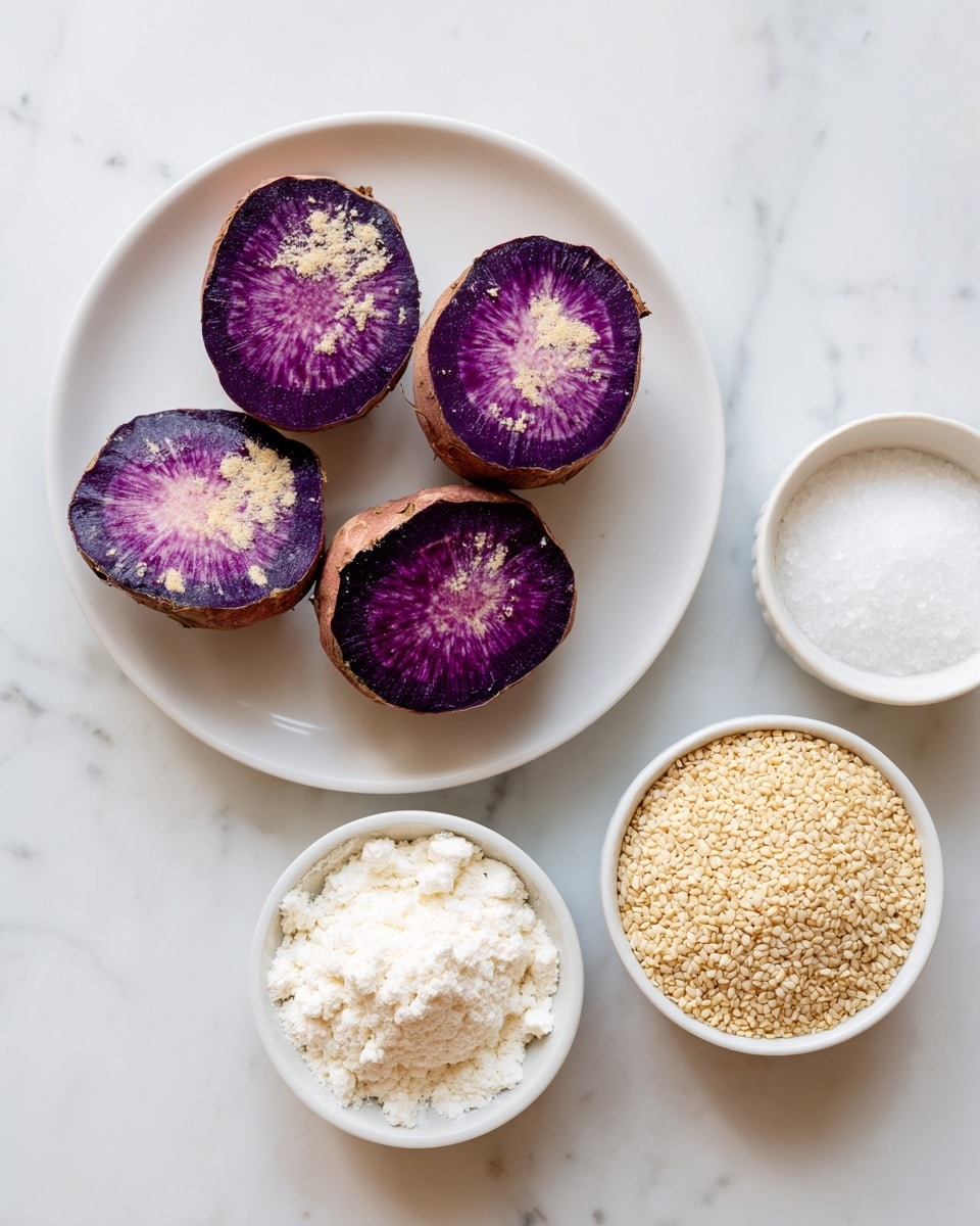 The image shows four pieces of purple sweet potato on a white plate, each piece cut to show the deep purple inside with slightly browned edges. Below the plate, there are three round containers arranged in a row on a white marbled surface. The left container is filled with white sticky rice flour with a powdery texture, the middle container holds fine white sugar, and the right container is a white bowl filled with light golden sesame seeds that have a small, slightly rough texture. The containers and the plate are neatly spaced. Photo taken with an iphone --ar 4:5 --v 7