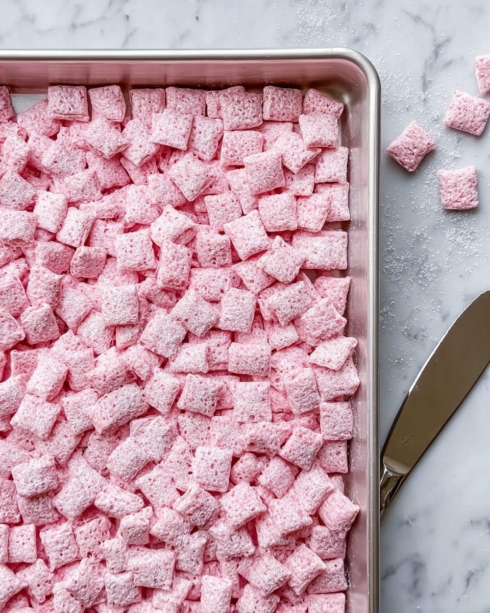 A silver rectangular baking tray filled with many small square-shaped cereal pieces. Each piece is covered in a fine layer of light pink powder, giving them a soft, fluffy texture. The cereal squares are spread evenly, filling the tray completely. The tray is placed on a surface with a white marbled texture, and a silver knife is partially visible next to the tray on the right side. A few stray pink cereal squares are scattered on the marbled surface near the tray. Photo taken with an iphone --ar 4:5 --v 7