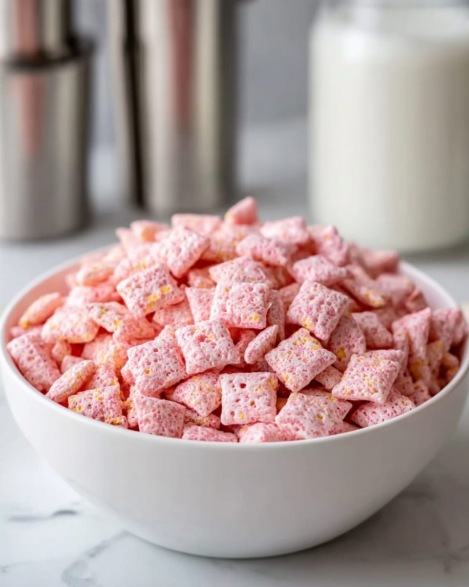 A large white bowl filled with many small, square-shaped cereal pieces that are light pink with tiny darker pink and yellow specks, each piece having a puffy texture with small holes on the surface. The bowl sits on a white marbled surface and in the blurred background, there are some silver containers and a white jar. The image is bright and focused on the bowl of cereal, showing layers of overlapping pink cereal pieces. Photo taken with an iphone --ar 4:5 --v 7