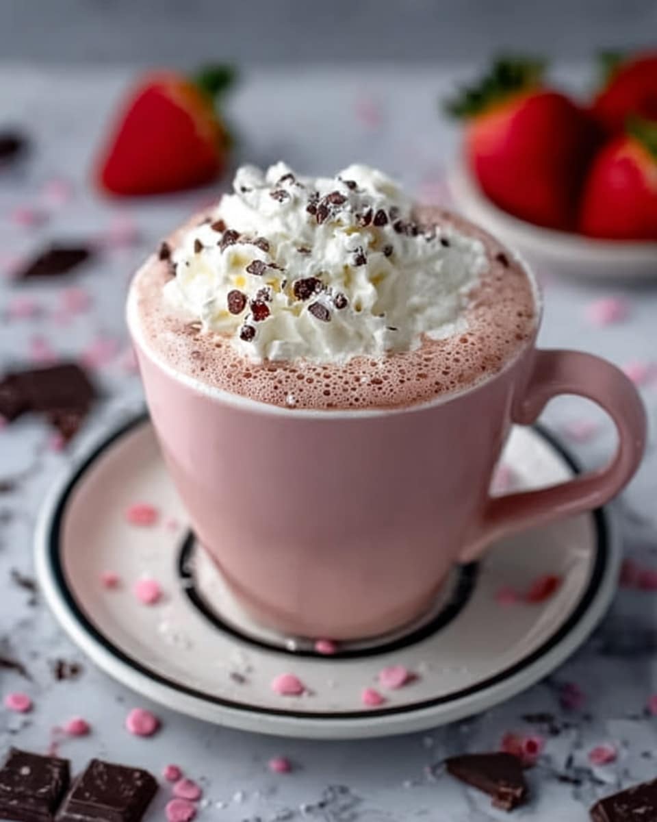A pink mug filled with light brown hot chocolate topped with a thick layer of white whipped cream, sprinkled with small dark chocolate bits. The mug sits on a white saucer with a black inner circle, surrounded by scattered chocolate pieces on a white marbled surface. In the background, slightly out of focus, there are whole red strawberries and some small pink sprinkles. A woman's hand holds the mug's handle on the right side. Photo taken with an iphone --ar 4:5 --v 7