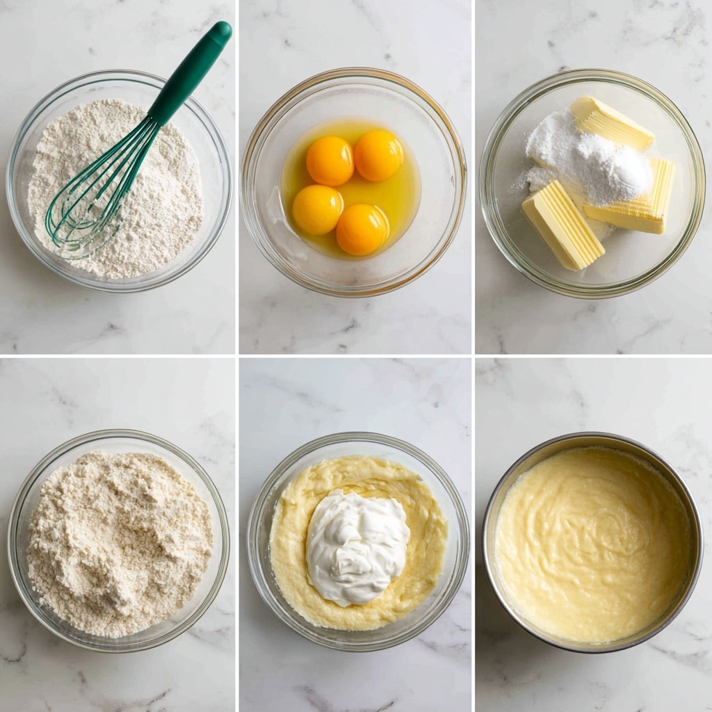 The image shows six steps of making cake batter in clear glass bowls placed on a white marbled surface. The first step shows a clear bowl filled with dry white flour, baking powder, and salt with a green whisk standing inside. The second step features a bowl with four yellow egg yolks partially covered by white sugar on top. In the third, melted butter and two peeled sticks of butter rest on the eggs and sugar mixture. Step four displays the dry white flour mixture slowly added on top of the wet ingredients. The fifth image shows a rough batter in the bowl with a dollop of white sour cream on top. The final step reveals two metal cake pans filled halfway with smooth, light yellow batter ready for baking. Photo taken with an iphone --ar 4:5 --v 7