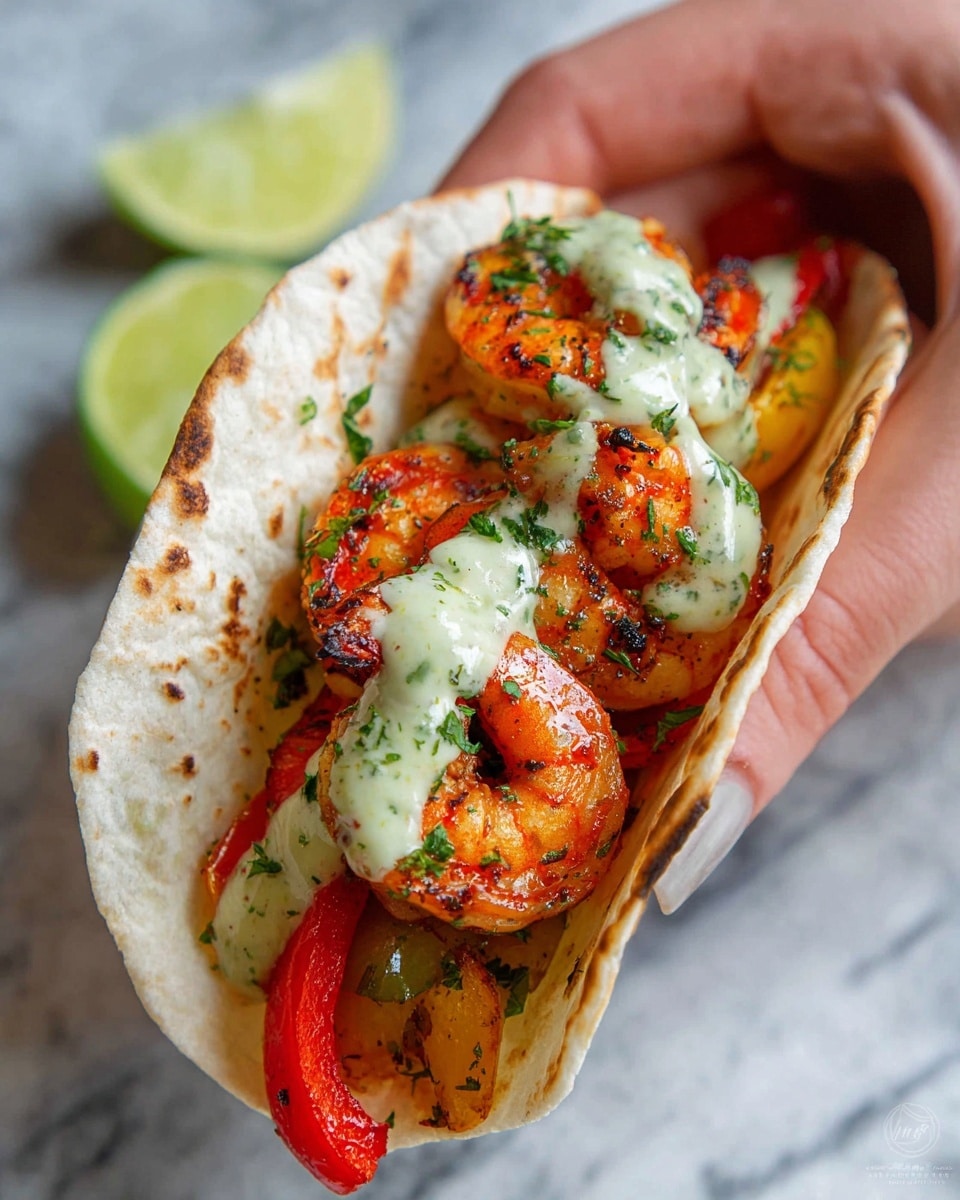 A white tortilla is folded in a woman's hand, filled with three grilled shrimp that are orange with char marks and sprinkled with green herbs, paired with red and yellow grilled bell pepper slices. Over the shrimp and peppers, there is a light green creamy sauce drizzled on top. The background has a blurred white marbled texture and a lime wedge is visible in the back. photo taken with an iphone --ar 4:5 --v 7