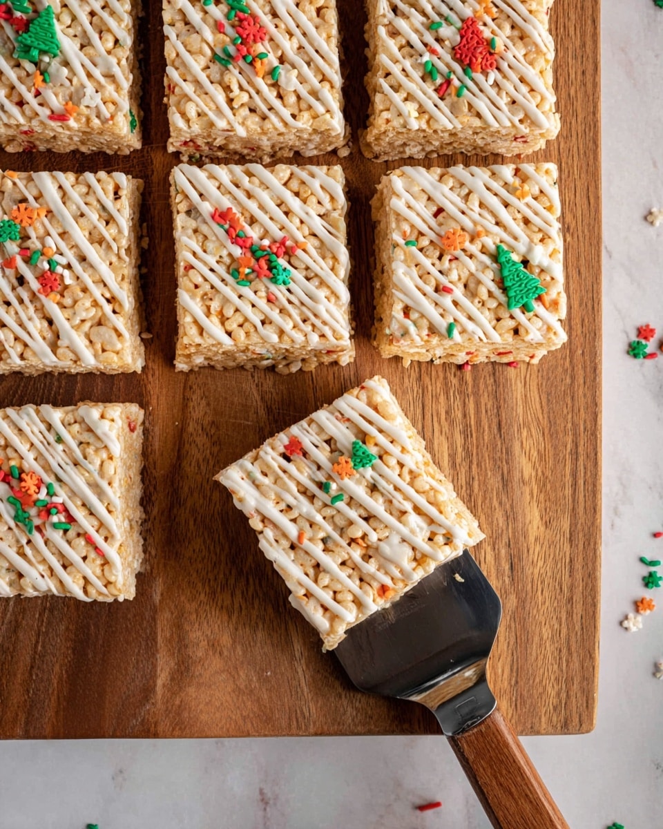 The image shows nine square rice cereal treats placed on a wooden board. Each treat has a light golden color with a crispy texture and is topped with thin white drizzle lines running diagonally across. There are small colorful sprinkles scattered on top and around the treats in red, green, white, and orange shapes like snowflakes, trees, and dots, giving a festive look. One square treat is lifted by a spatula with a wooden handle, showing the bottom and sides clearly. The background is a white marbled texture. photo taken with an iphone --ar 4:5 --v 7