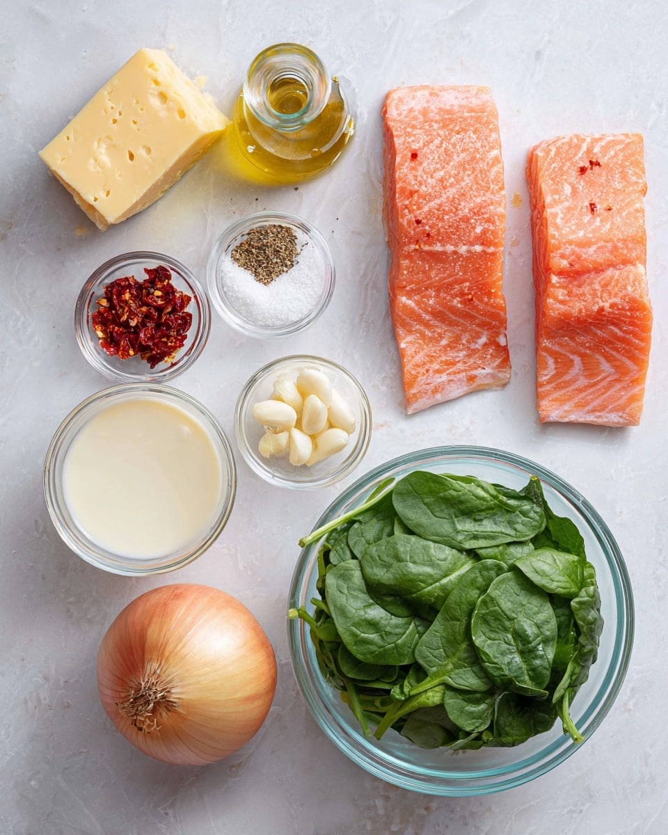 The image shows a top view of several clear glass bowls and containers arranged neatly on a white marbled surface. On the right side, two pieces of raw salmon with a smooth, pinkish-orange texture sit in a clear glass bowl. Below the salmon, a bowl filled with fresh, green spinach leaves is visible. To the left of the spinach, there is a small wedge of yellowish cheese with a rough texture standing upright. Above the cheese, a clear container holds a creamy white liquid. Near the top center, two smaller bowls contain white salt with black pepper and finely chopped red sun-dried tomatoes, while three peeled garlic cloves and a medium-sized whole yellow onion are placed nearby. A small glass bowl with crushed red pepper flakes and a glass bottle of olive oil are arranged on the left, completing the neat set of cooking ingredients. Photo taken with an iphone --ar 4:5 --v 7